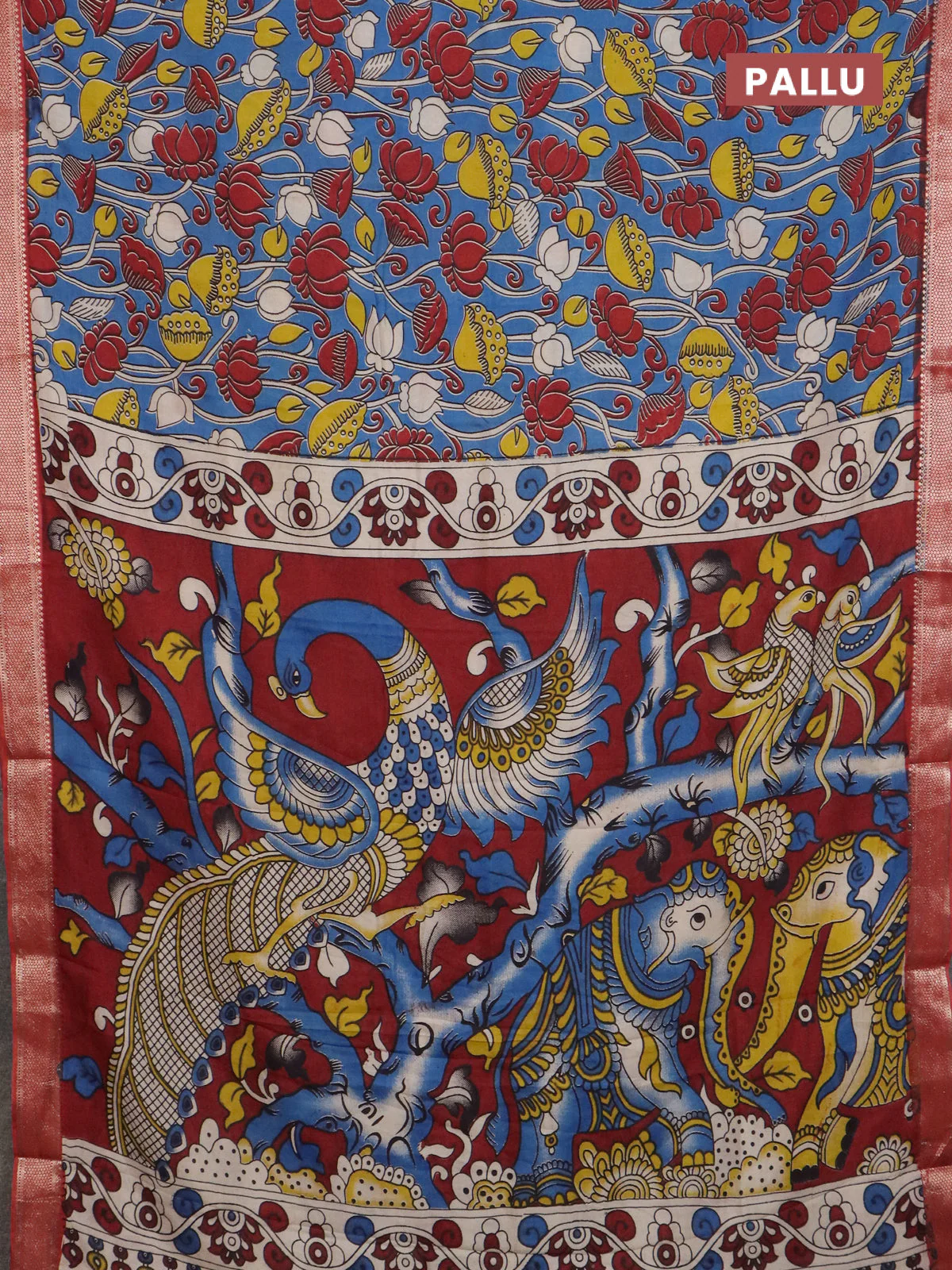 Kalamkari semi silk saree blue and rust shade with allover prints and mangalgiri border - Image 3