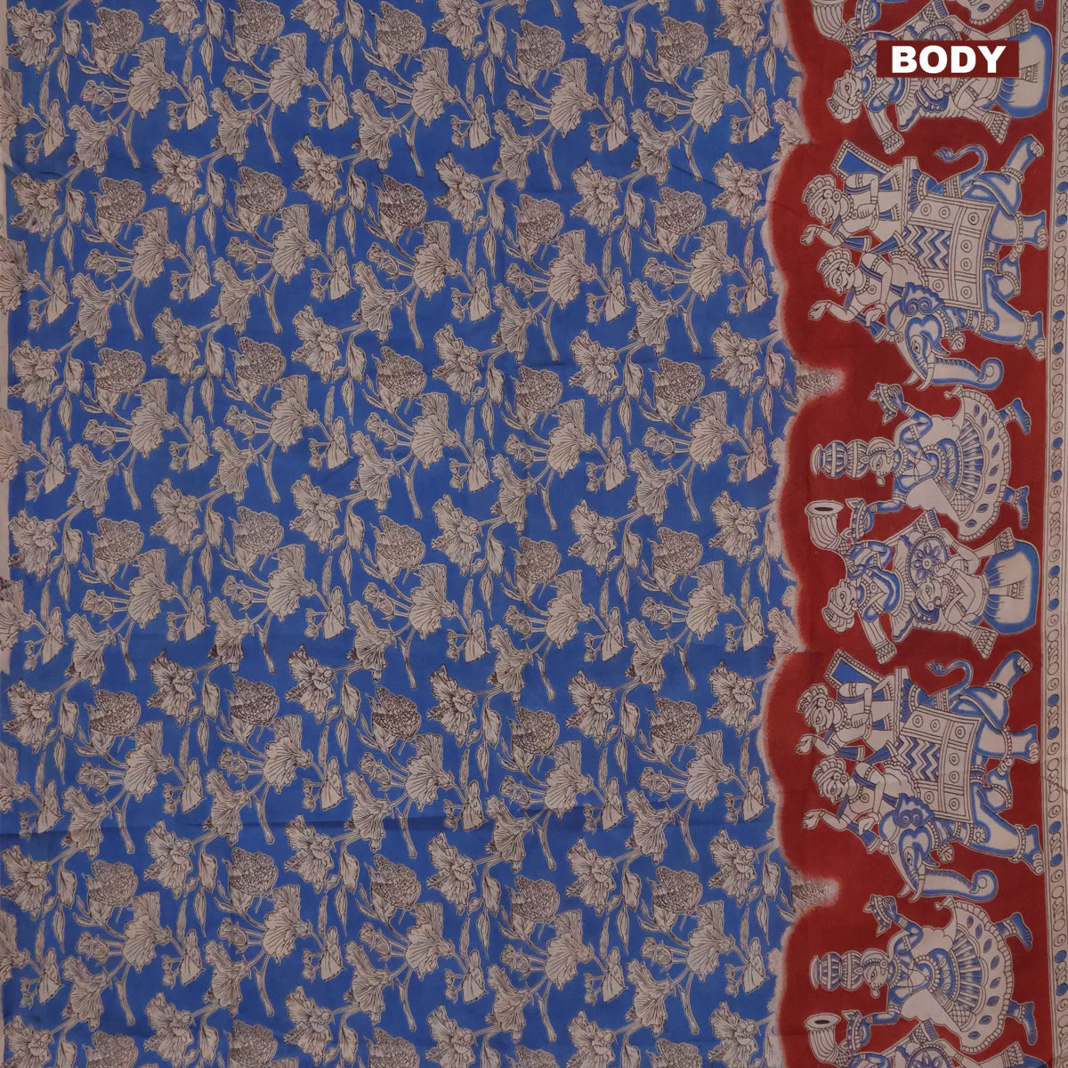 Kalamkari semi silk saree cs blue and maroon with allover prints and printed border - Image 2