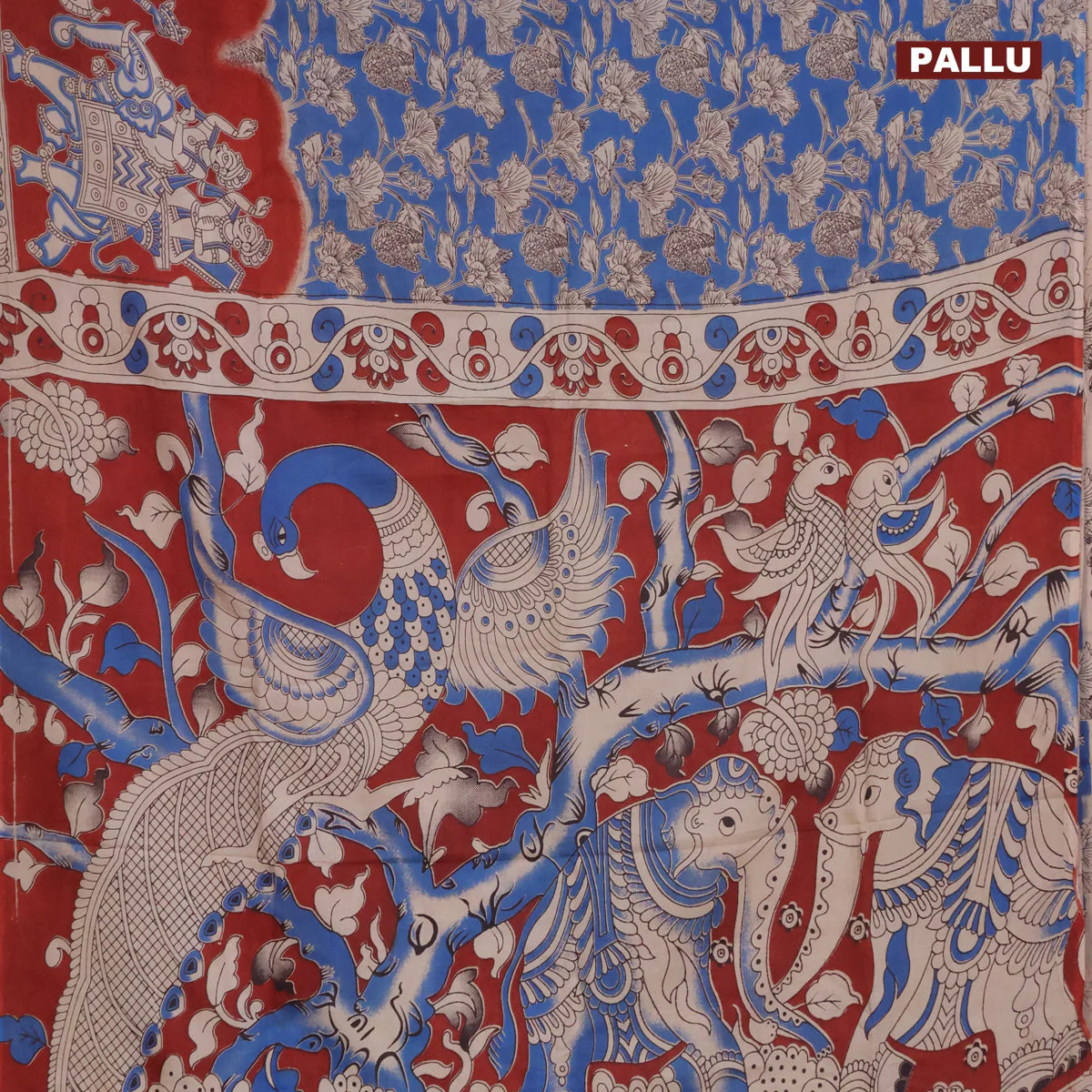 Kalamkari semi silk saree cs blue and maroon with allover prints and printed border - Image 3