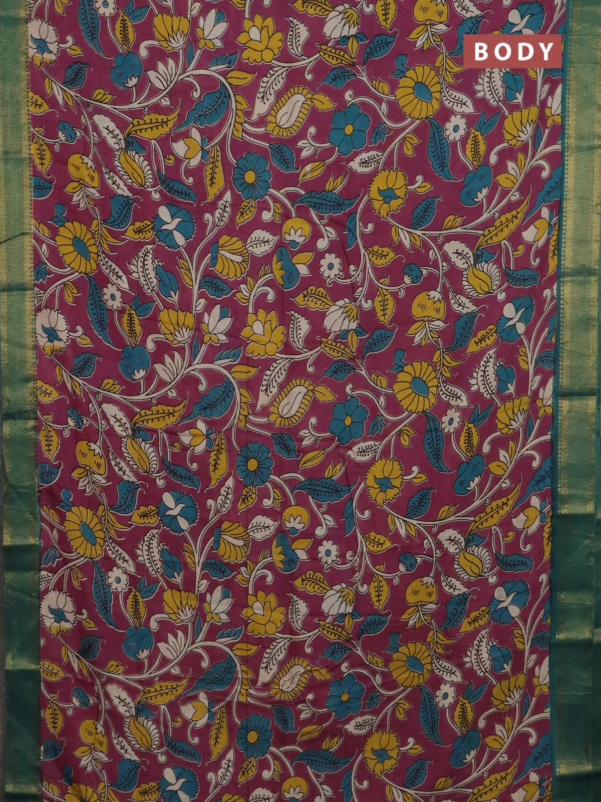 Kalamkari semi silk saree dark magenta pink and green with allover prints and mangalgiri border - Image 2