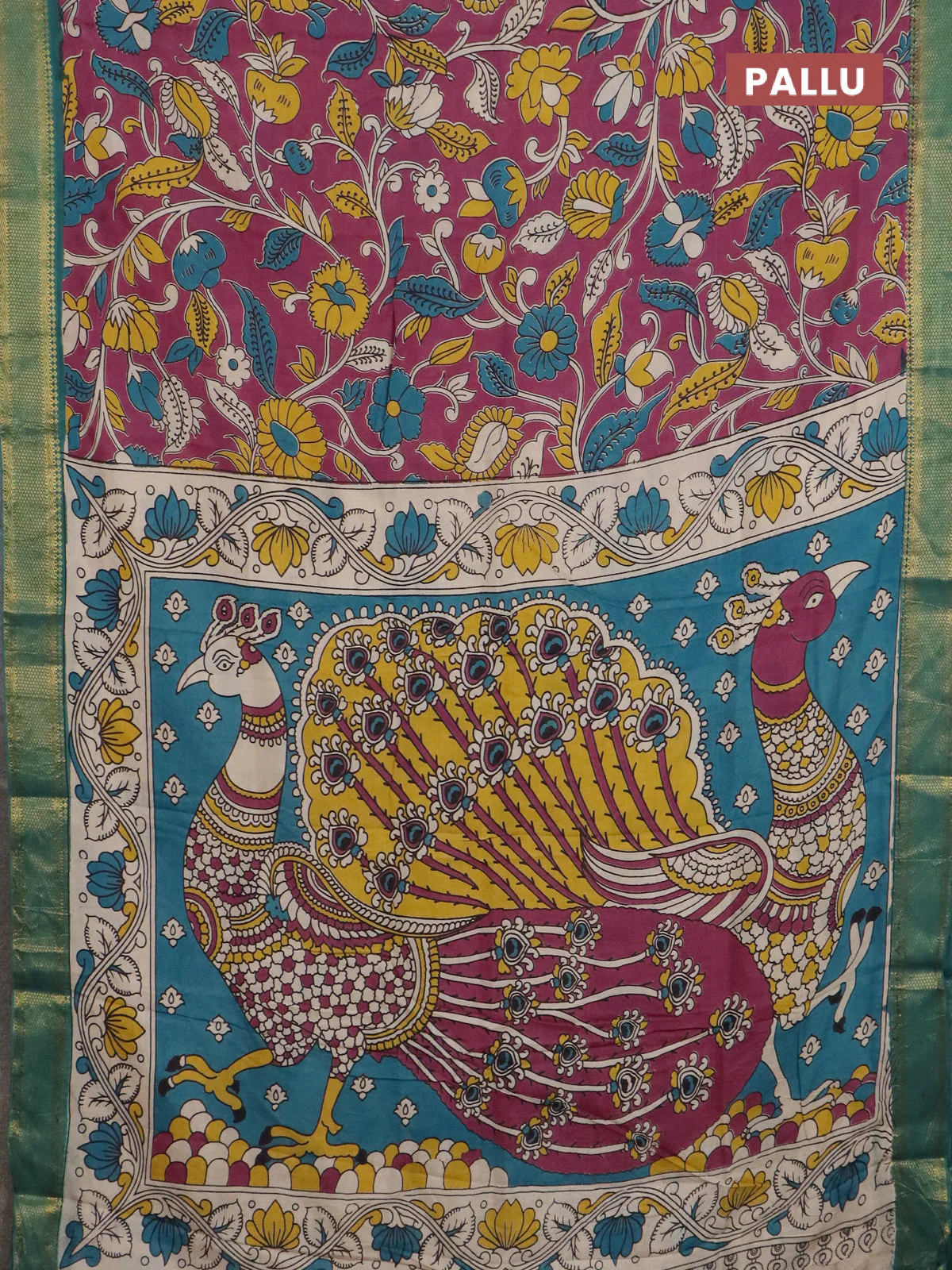 Kalamkari semi silk saree dark magenta pink and green with allover prints and mangalgiri border - Image 3