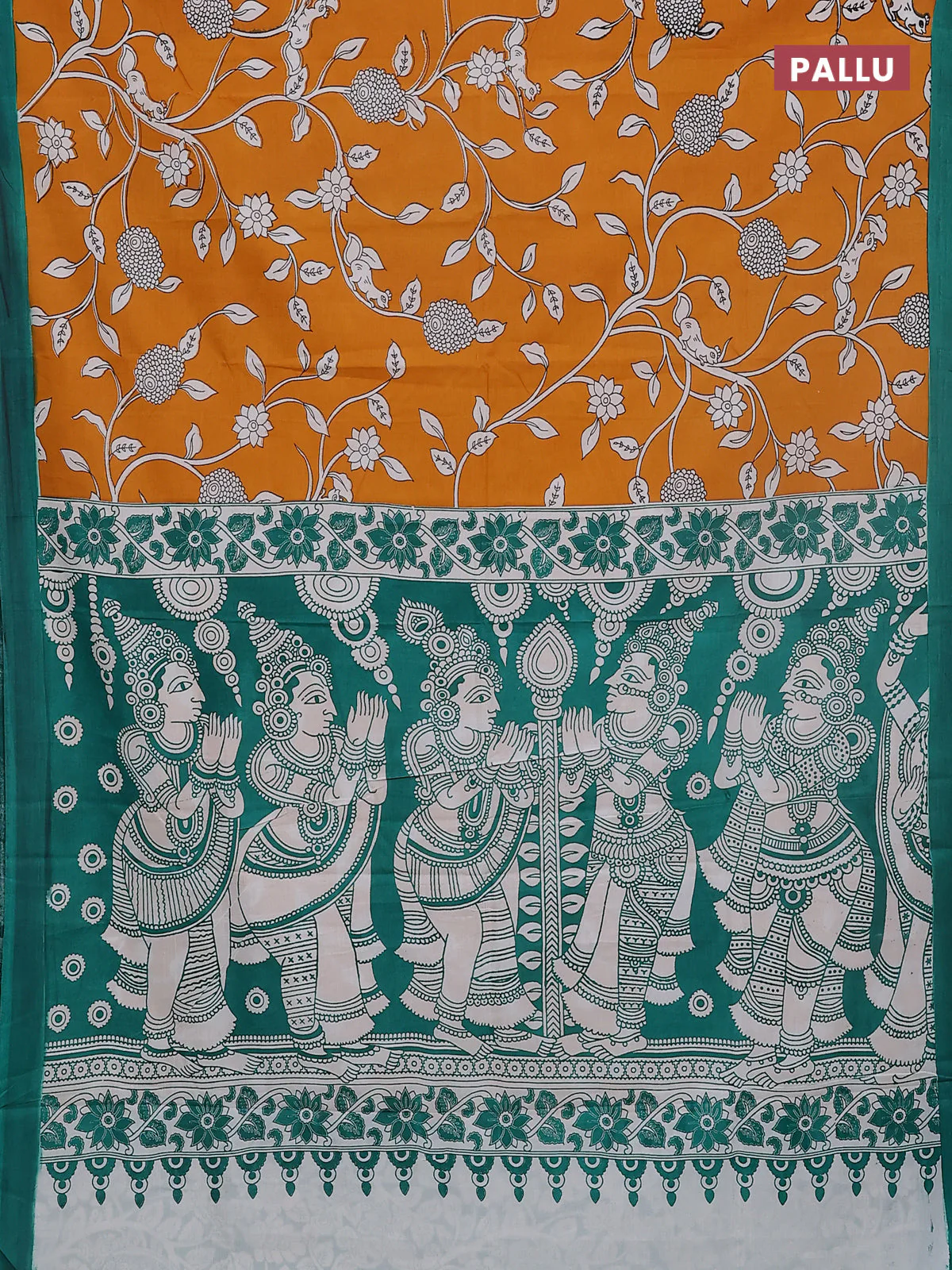 Kalamkari semi silk saree dark mustard and teal green with allover prints and simple border - Image 3