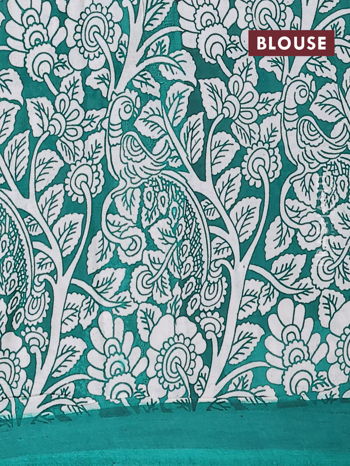 Kalamkari semi silk saree dark mustard and teal green with allover prints and simple border - Image 4