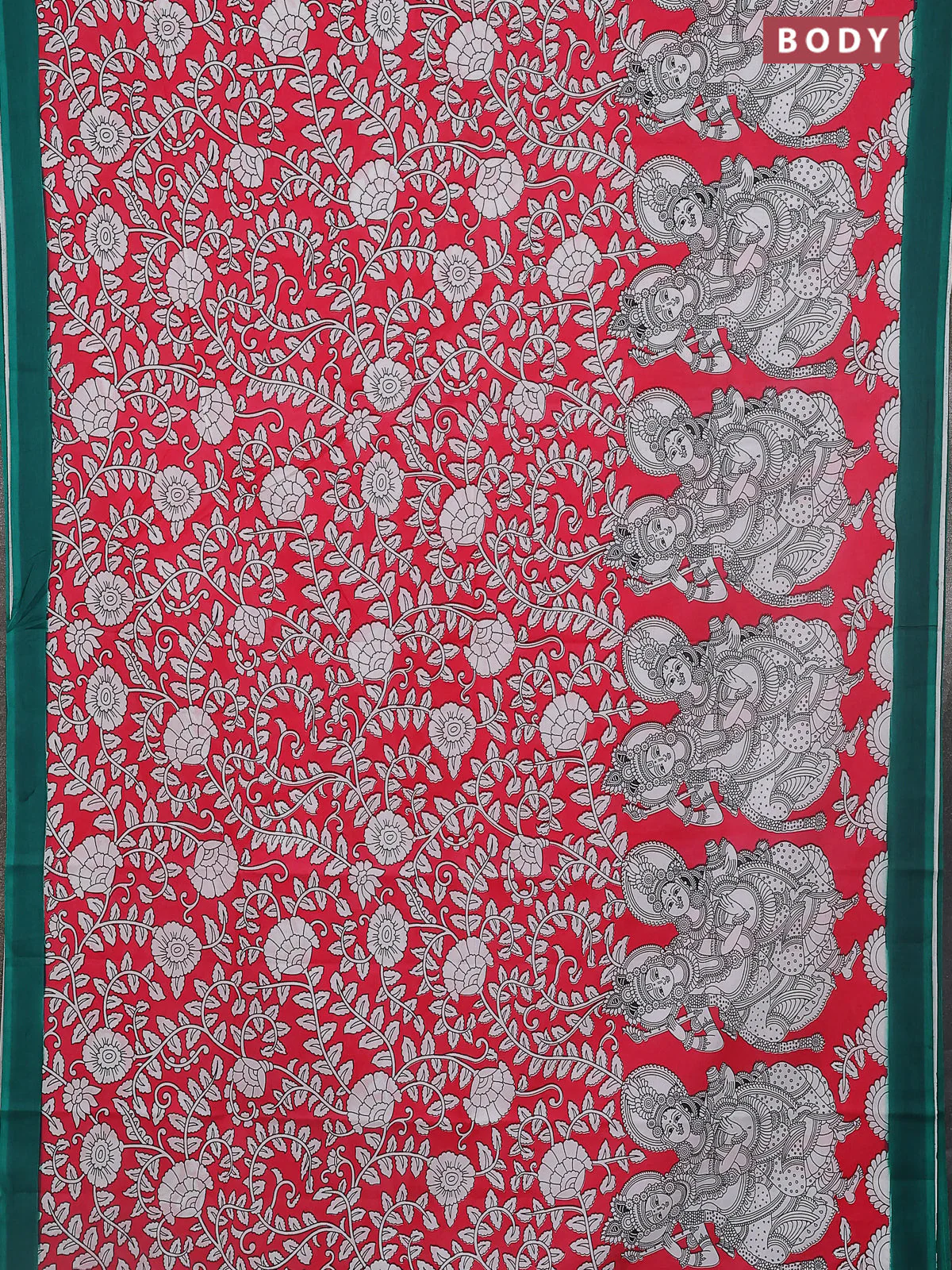 Kalamkari semi silk saree dark peach and green with allover prints and simple border - Image 2