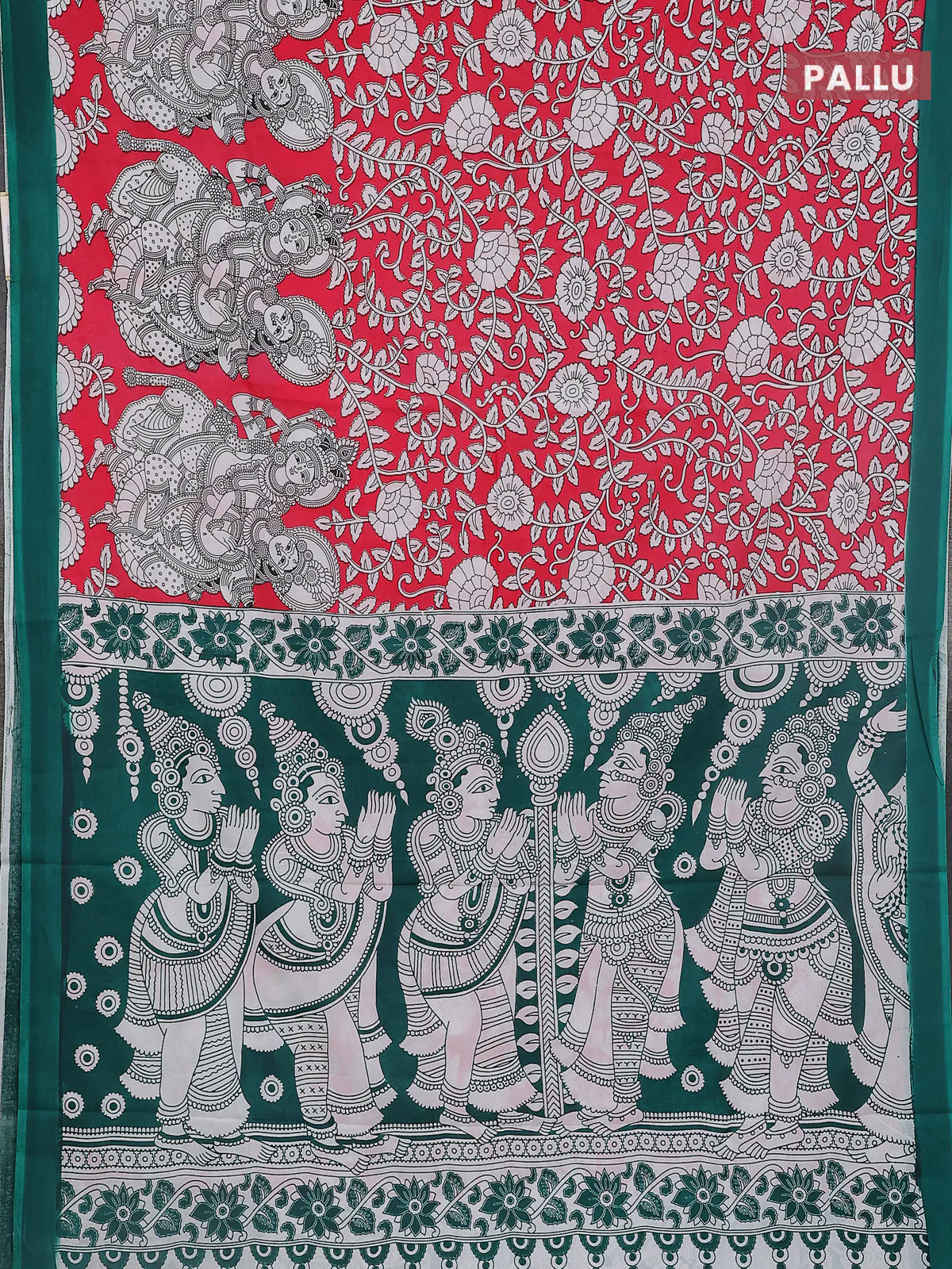 Kalamkari semi silk saree dark peach and green with allover prints and simple border - Image 3