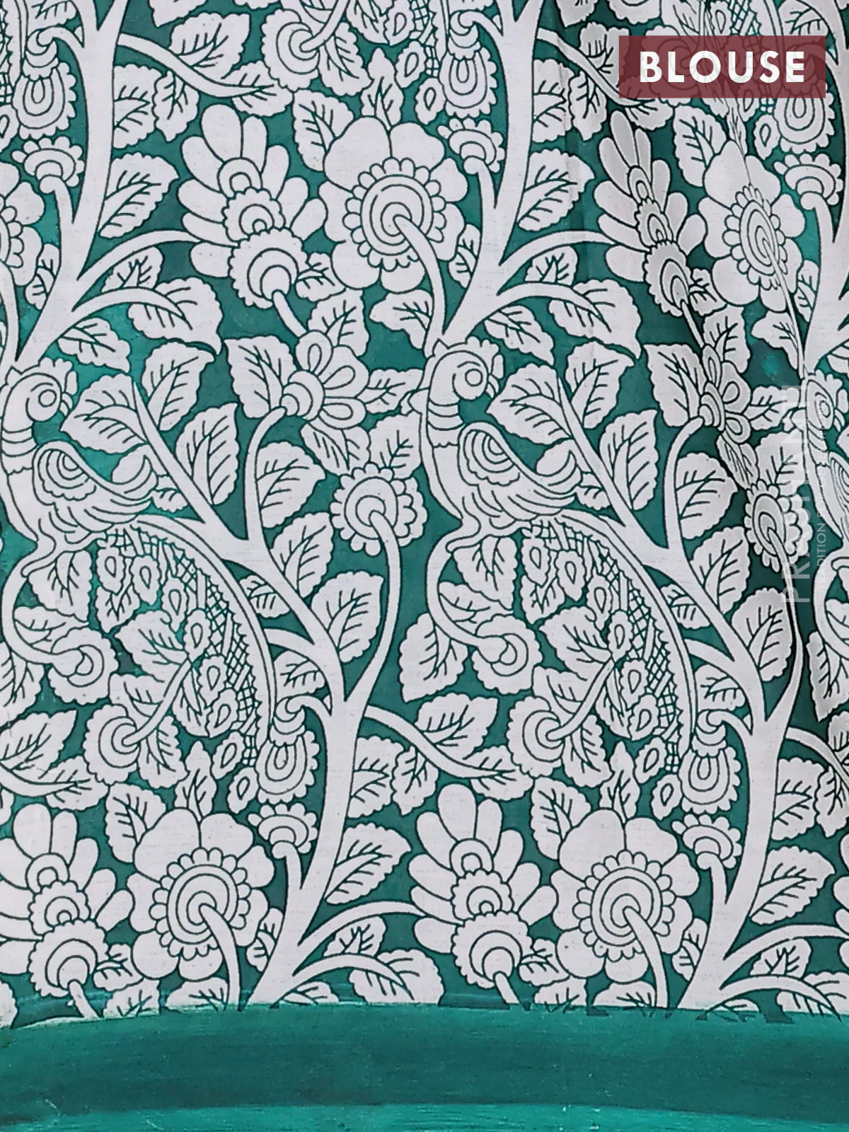 Kalamkari semi silk saree dark peach and green with allover prints and simple border - Image 4