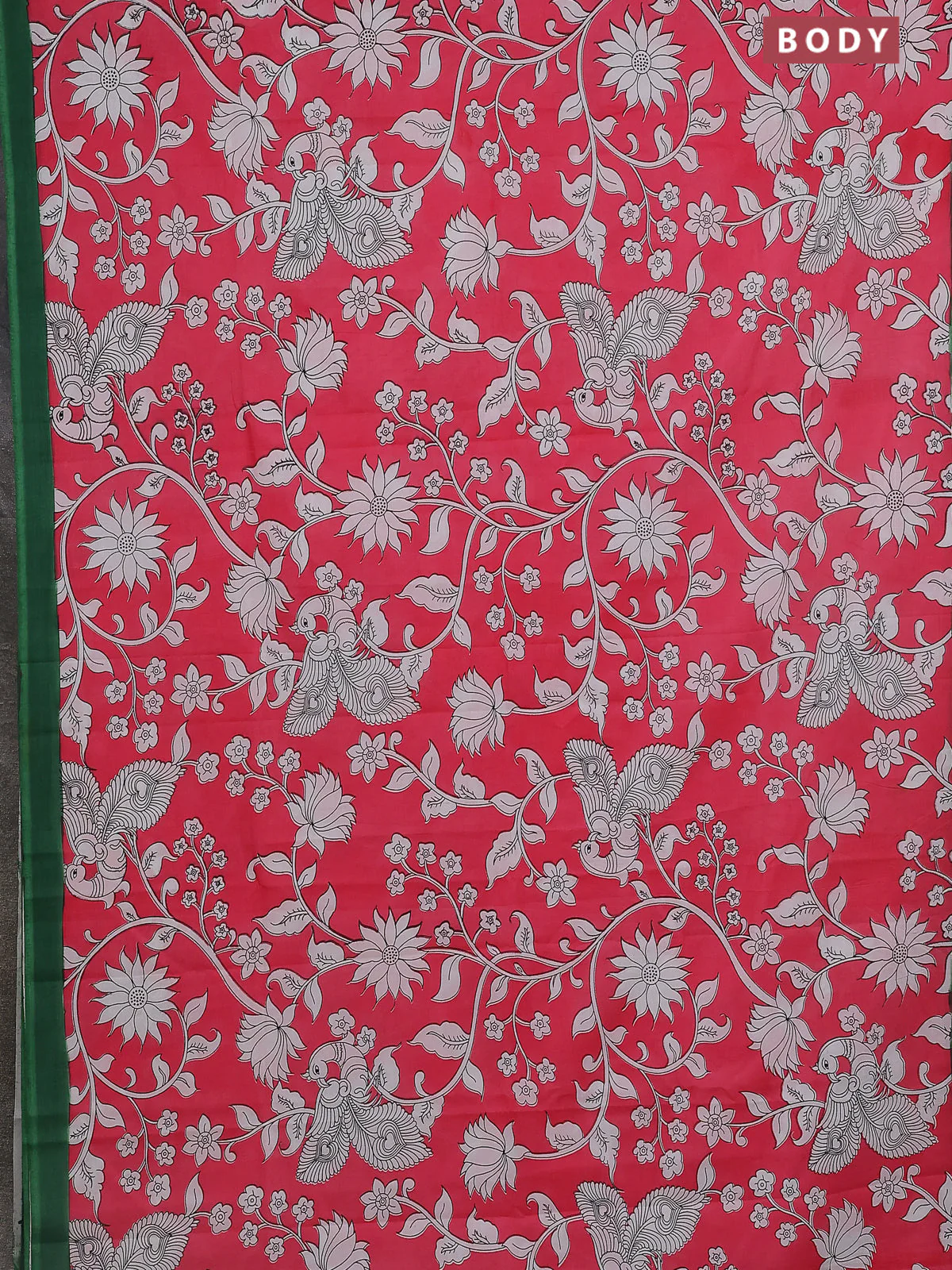 Kalamkari semi silk saree dark peach and green with allover prints and simple border - Image 2