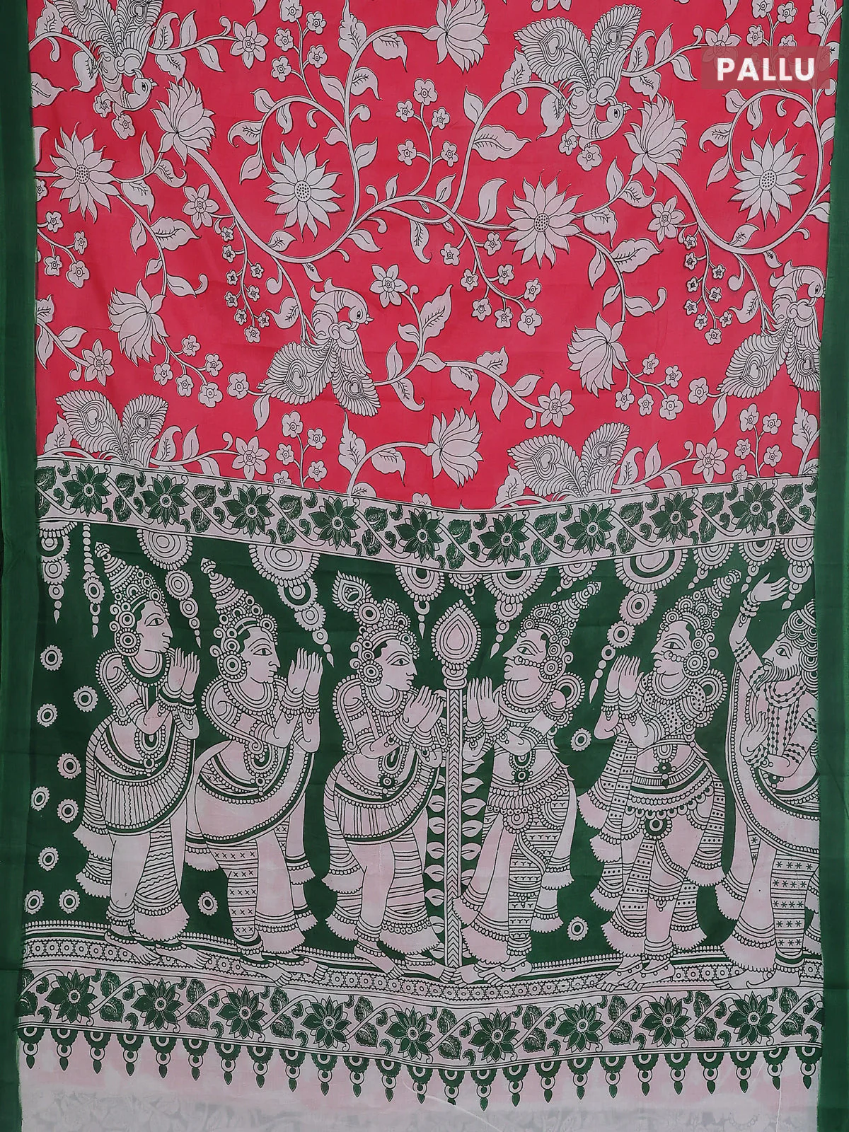 Kalamkari semi silk saree dark peach and green with allover prints and simple border - Image 3