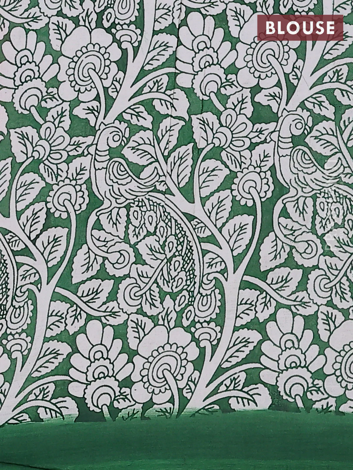 Kalamkari semi silk saree dark peach and green with allover prints and simple border - Image 4