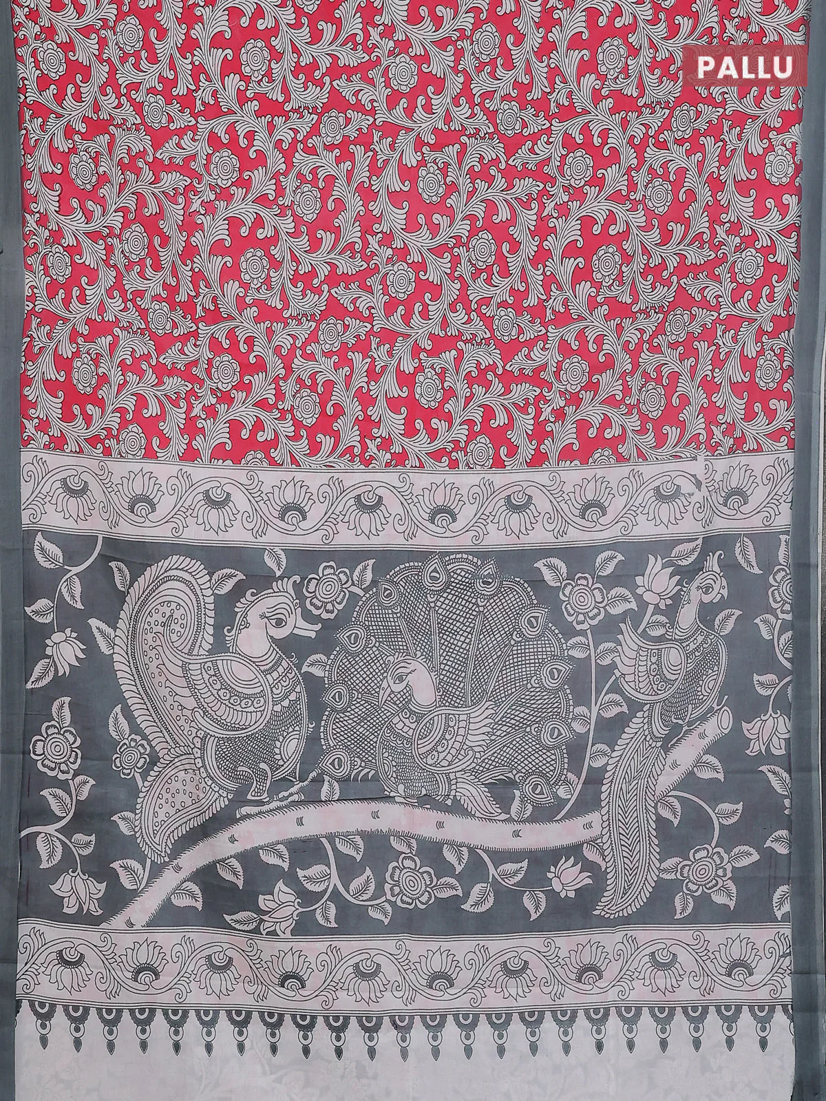 Kalamkari semi silk saree dark peach and grey with allover prints and simple border - Image 3