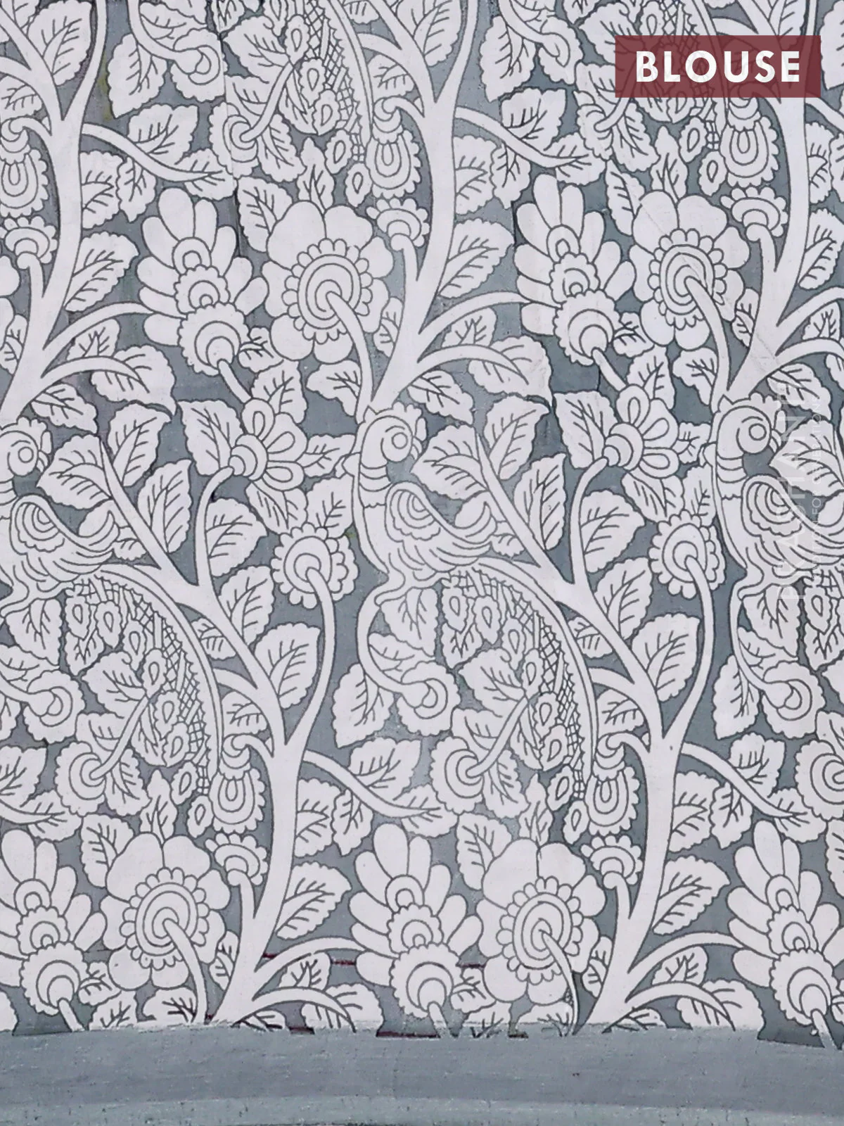 Kalamkari semi silk saree dark peach and grey with allover prints and simple border - Image 4