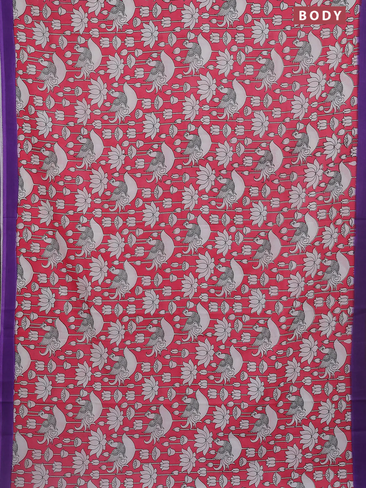 Kalamkari semi silk saree dark peach and violet with allover prints and simple border - Image 2