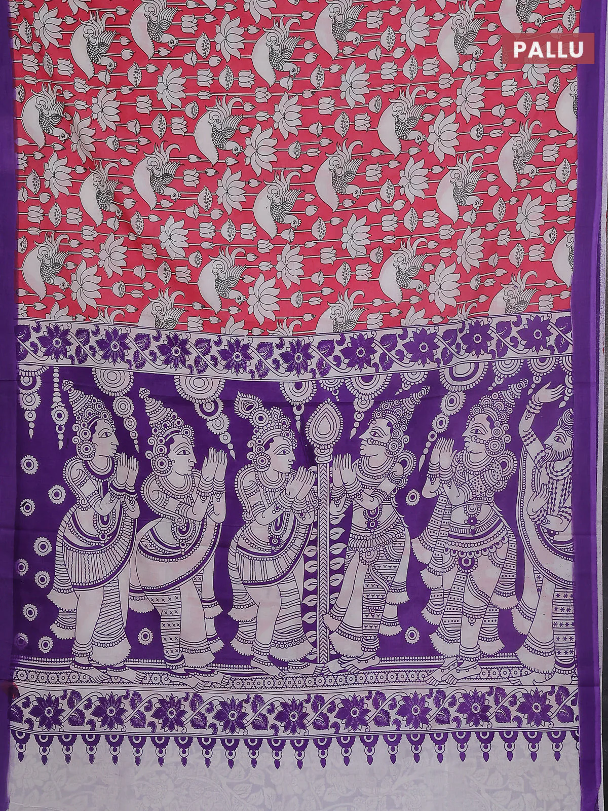 Kalamkari semi silk saree dark peach and violet with allover prints and simple border - Image 3
