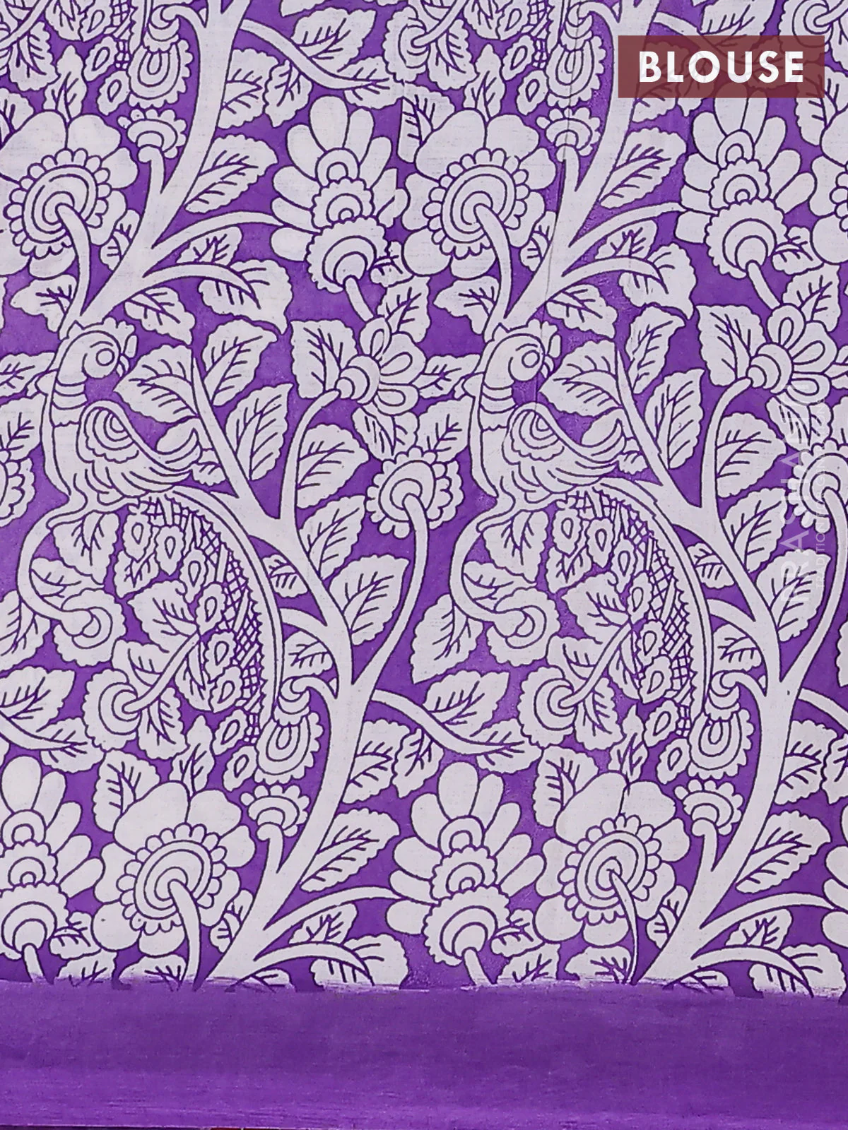 Kalamkari semi silk saree dark peach and violet with allover prints and simple border - Image 4