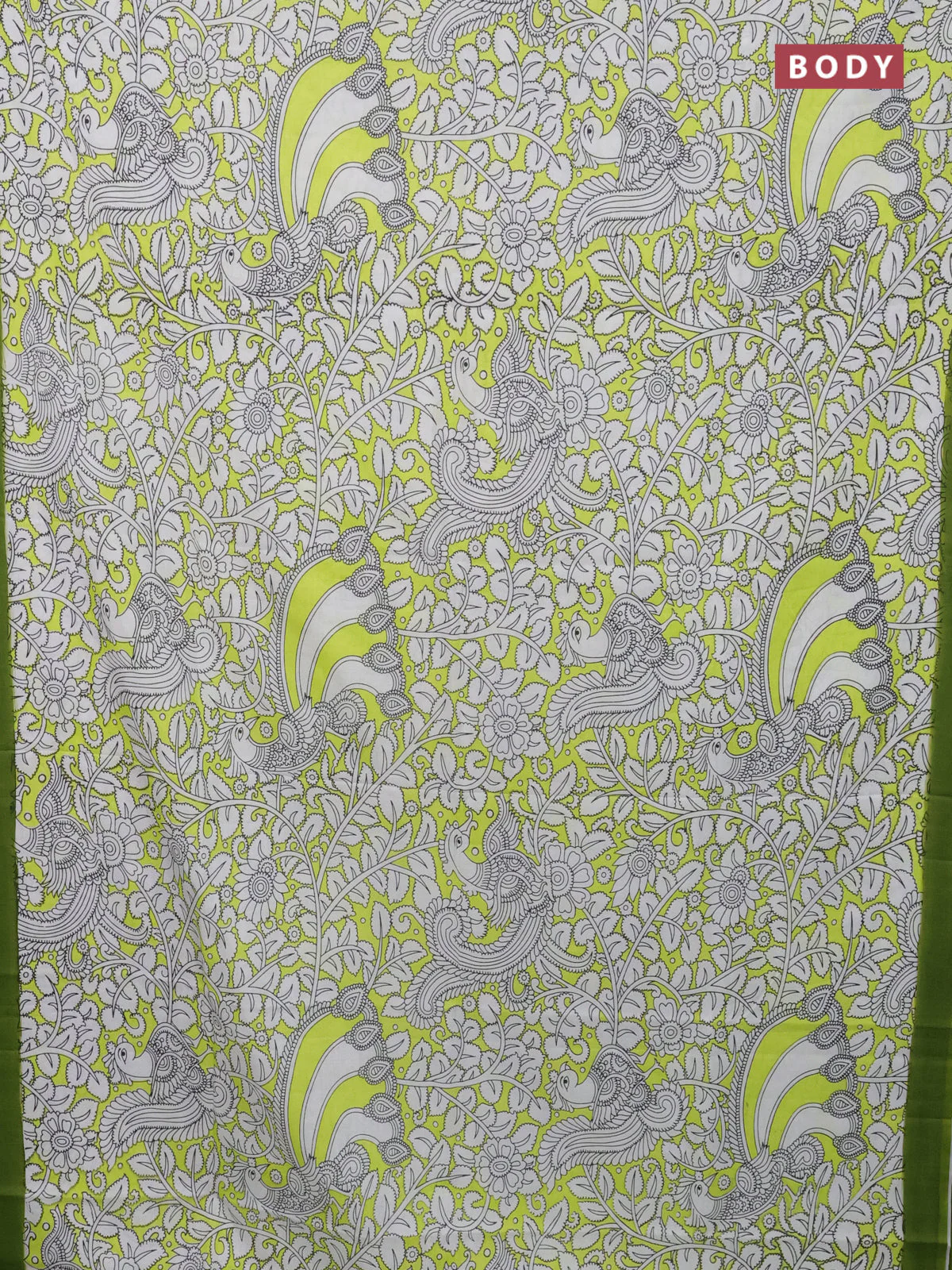 Kalamkari semi silk saree fluorescent green and green with allover prints and simple border - Image 2