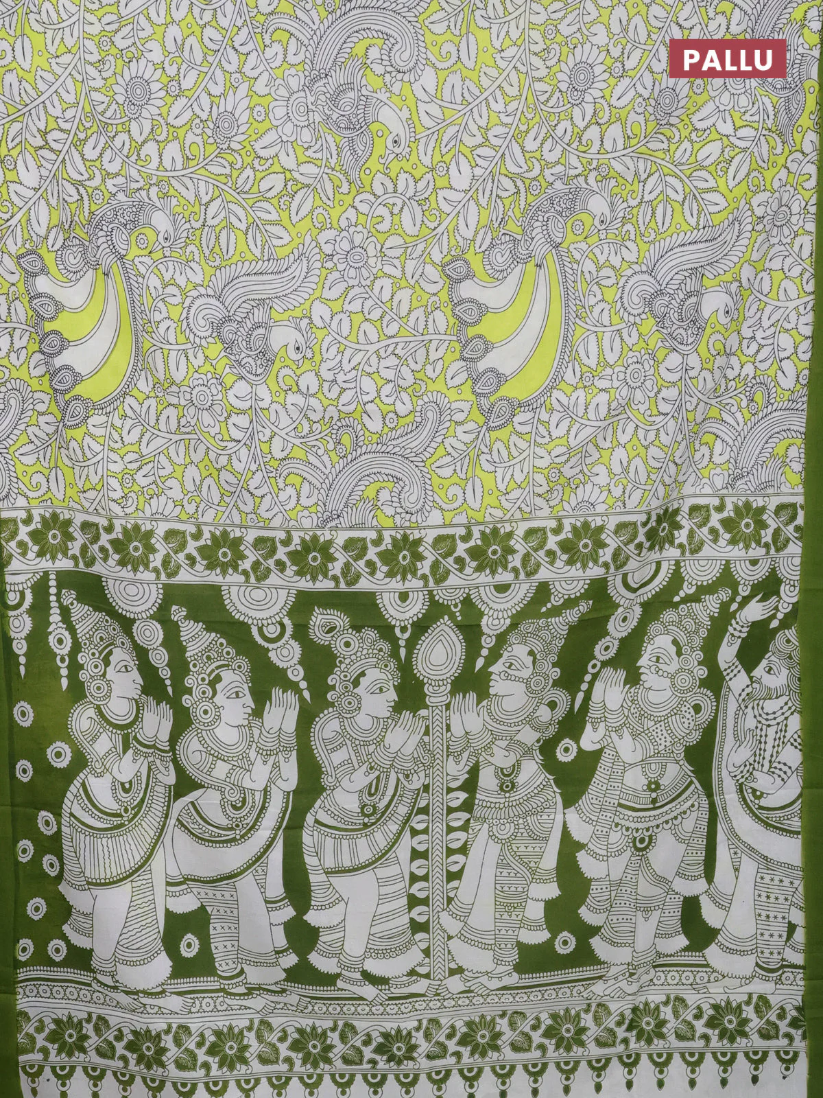 Kalamkari semi silk saree fluorescent green and green with allover prints and simple border - Image 3