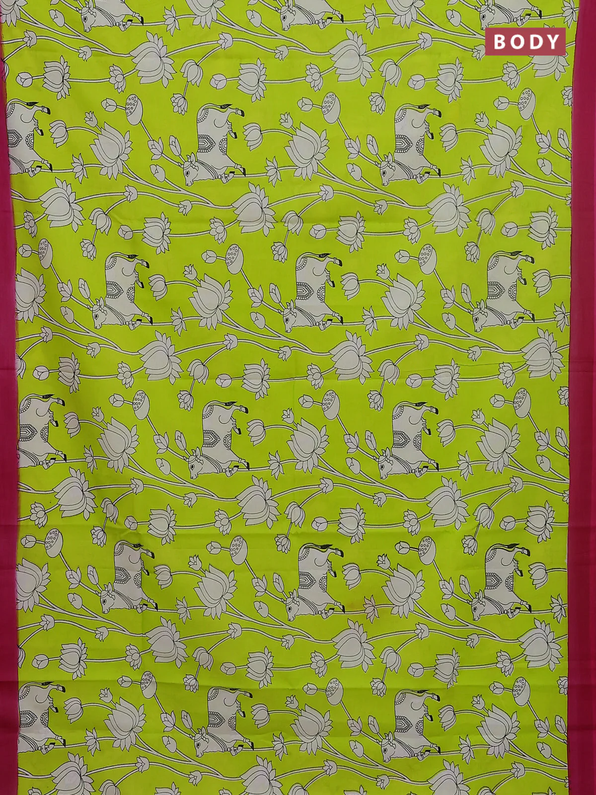Kalamkari semi silk saree fluorescent green and pink with allover pichwai prints and simple border - Image 2