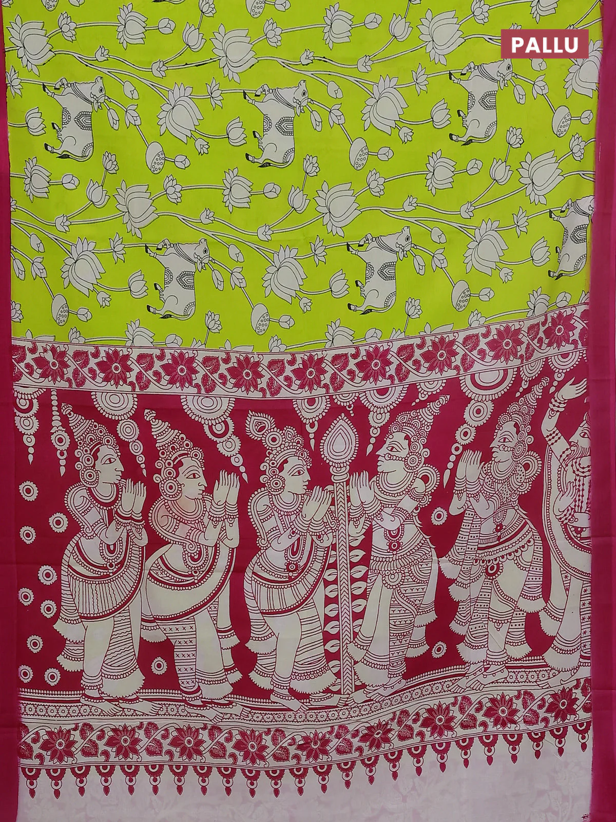 Kalamkari semi silk saree fluorescent green and pink with allover pichwai prints and simple border - Image 3