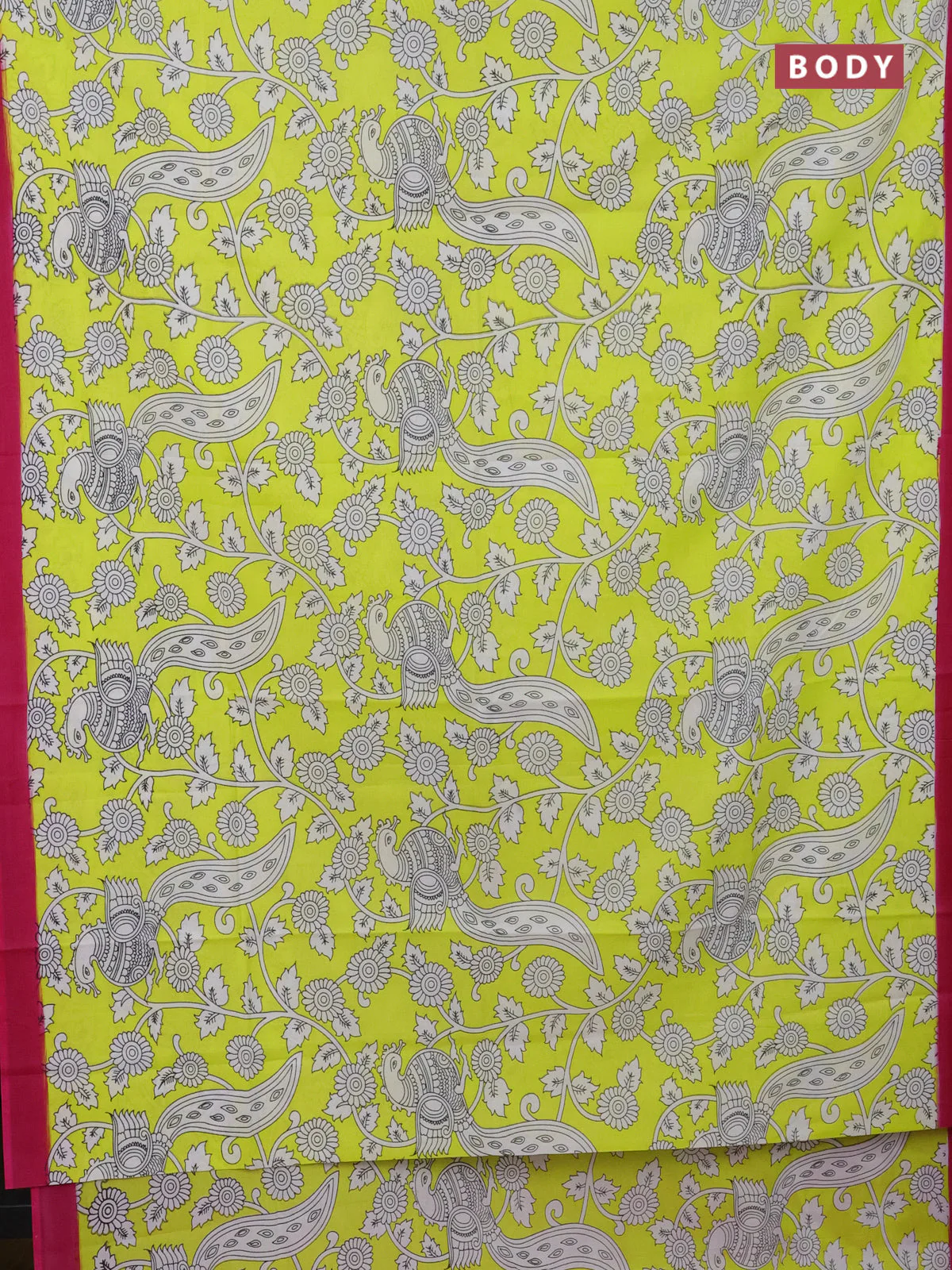 Kalamkari semi silk saree fluorescent green and pink with allover prints and simple border - Image 2