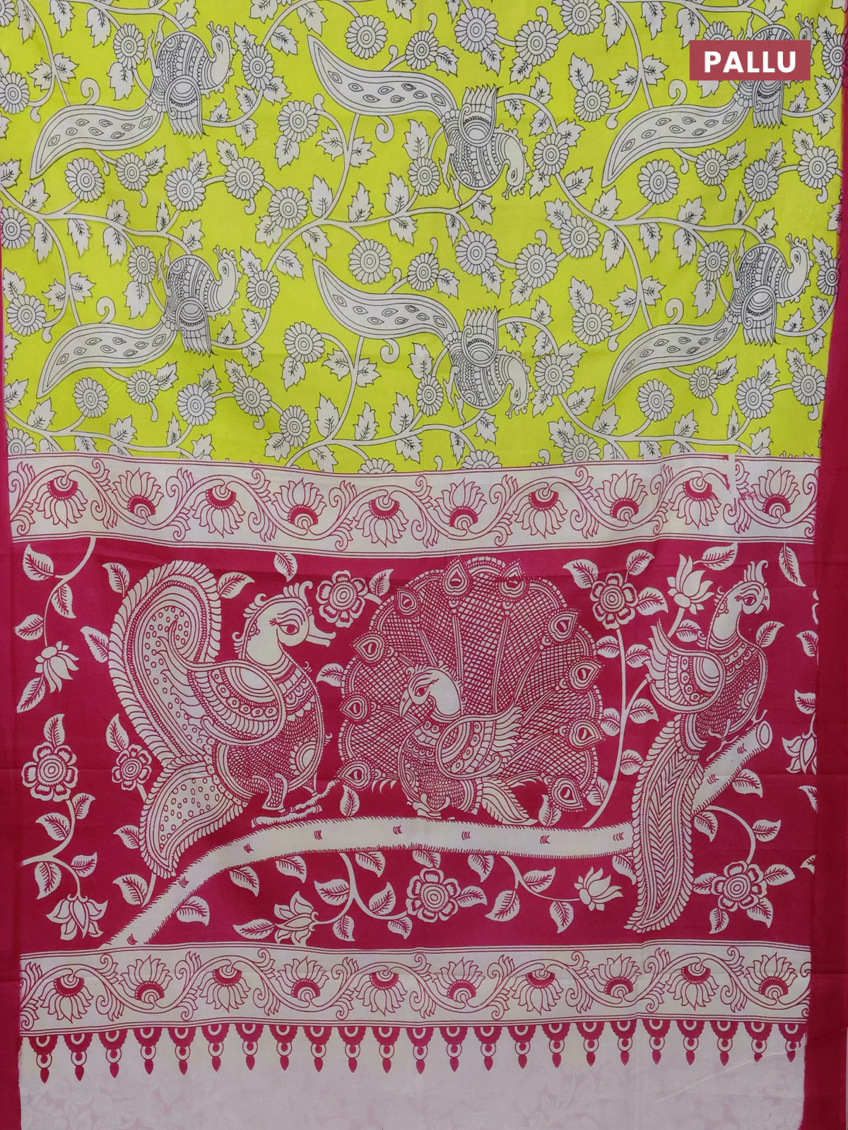 Kalamkari semi silk saree fluorescent green and pink with allover prints and simple border - Image 3
