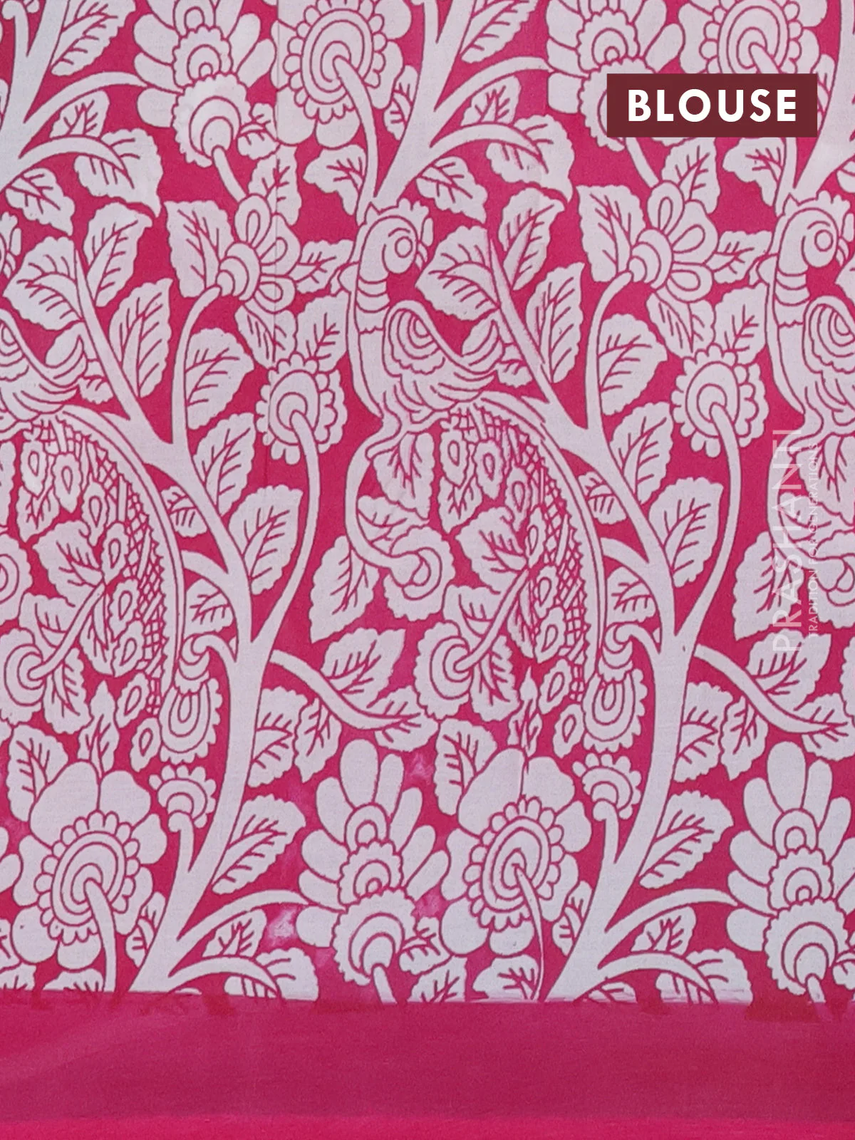 Kalamkari semi silk saree fluorescent green and pink with allover prints and simple border - Image 4
