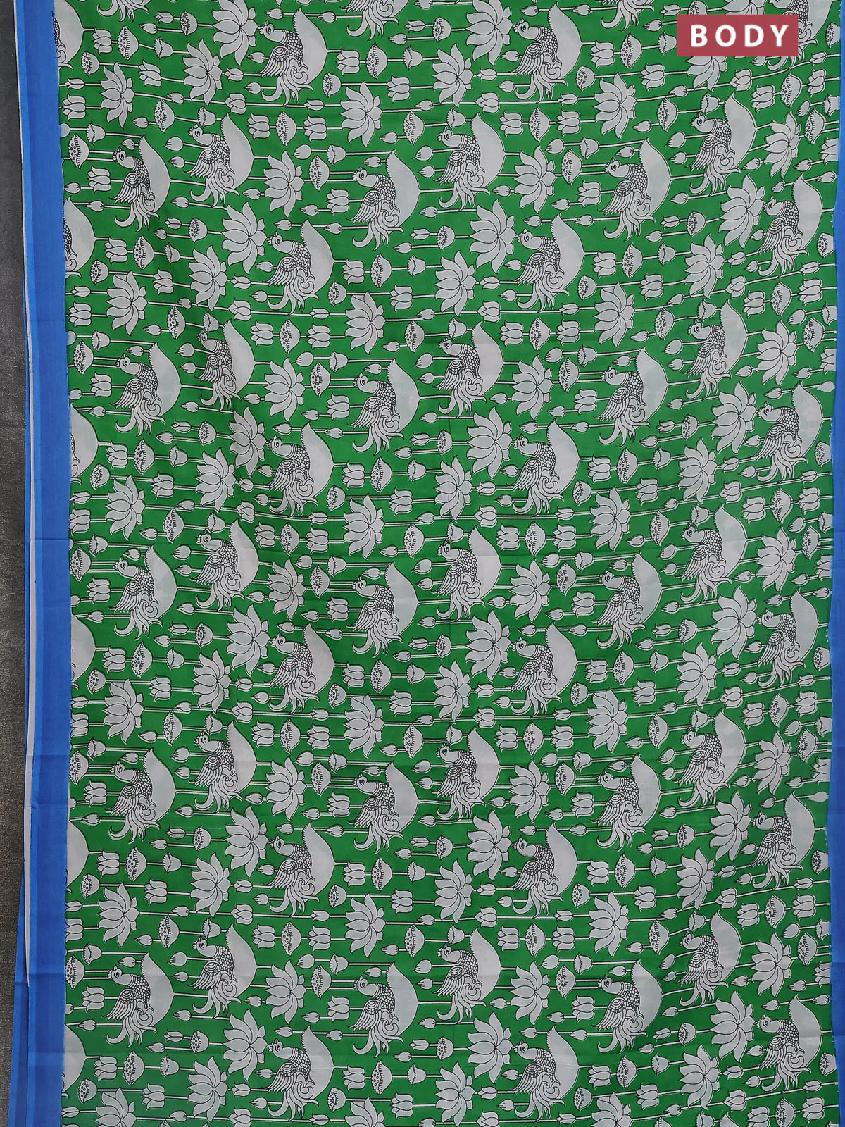 Kalamkari semi silk saree green and blue with allover prints and simple border - Image 2
