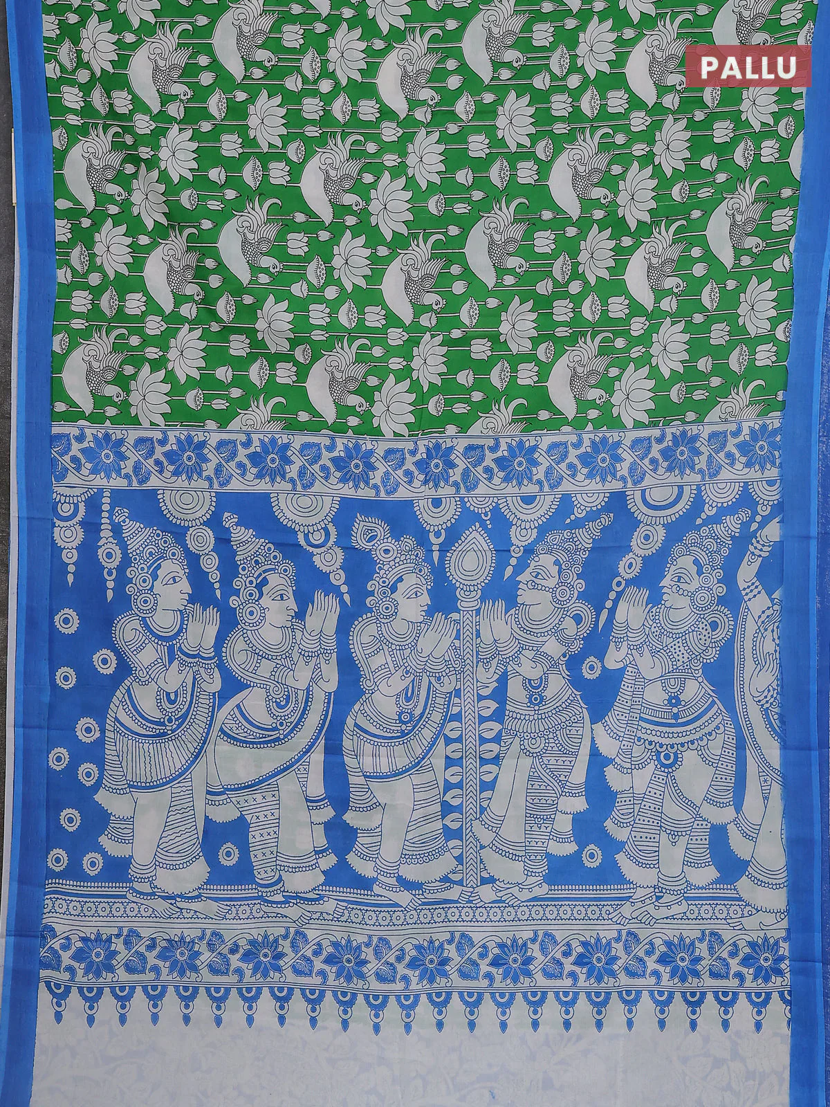 Kalamkari semi silk saree green and blue with allover prints and simple border - Image 3