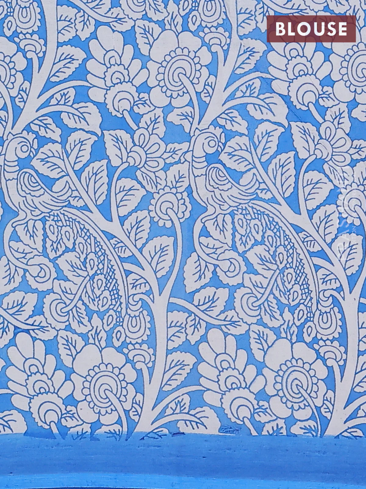 Kalamkari semi silk saree green and blue with allover prints and simple border - Image 4
