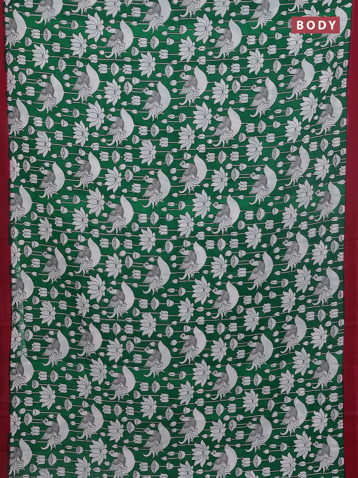 Kalamkari semi silk saree green and maroon with allover prints and simple border - Image 2