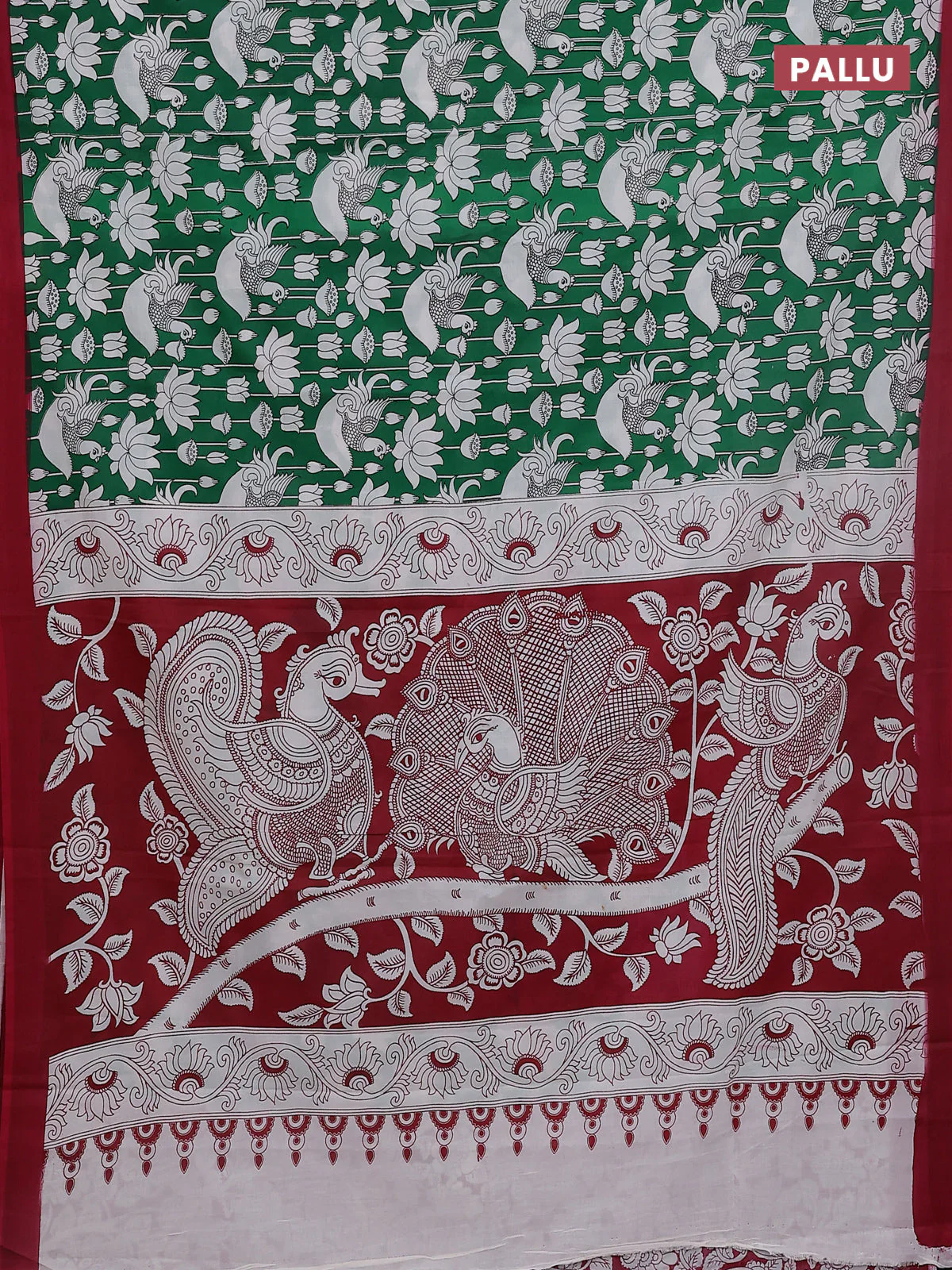 Kalamkari semi silk saree green and maroon with allover prints and simple border - Image 3