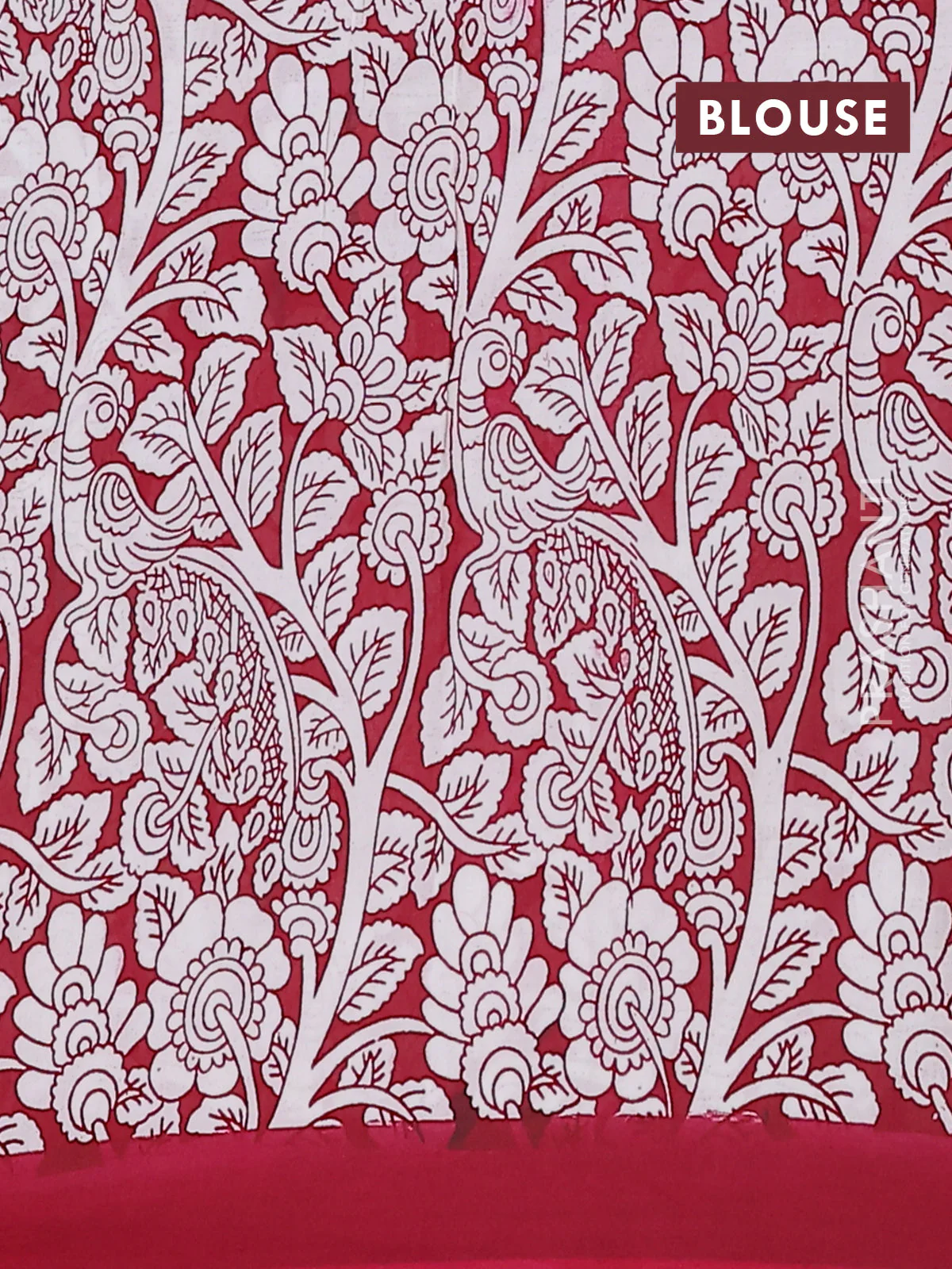 Kalamkari semi silk saree green and maroon with allover prints and simple border - Image 4