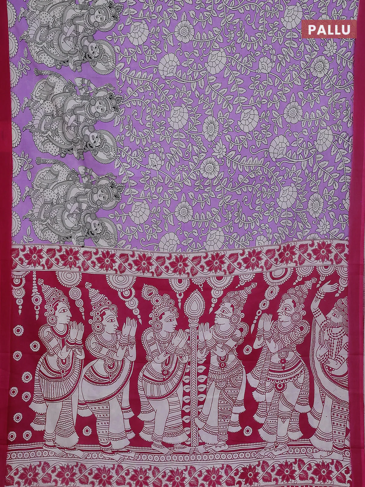 Kalamkari semi silk saree lavender and magenta pink with allover prints and simple border - Image 3