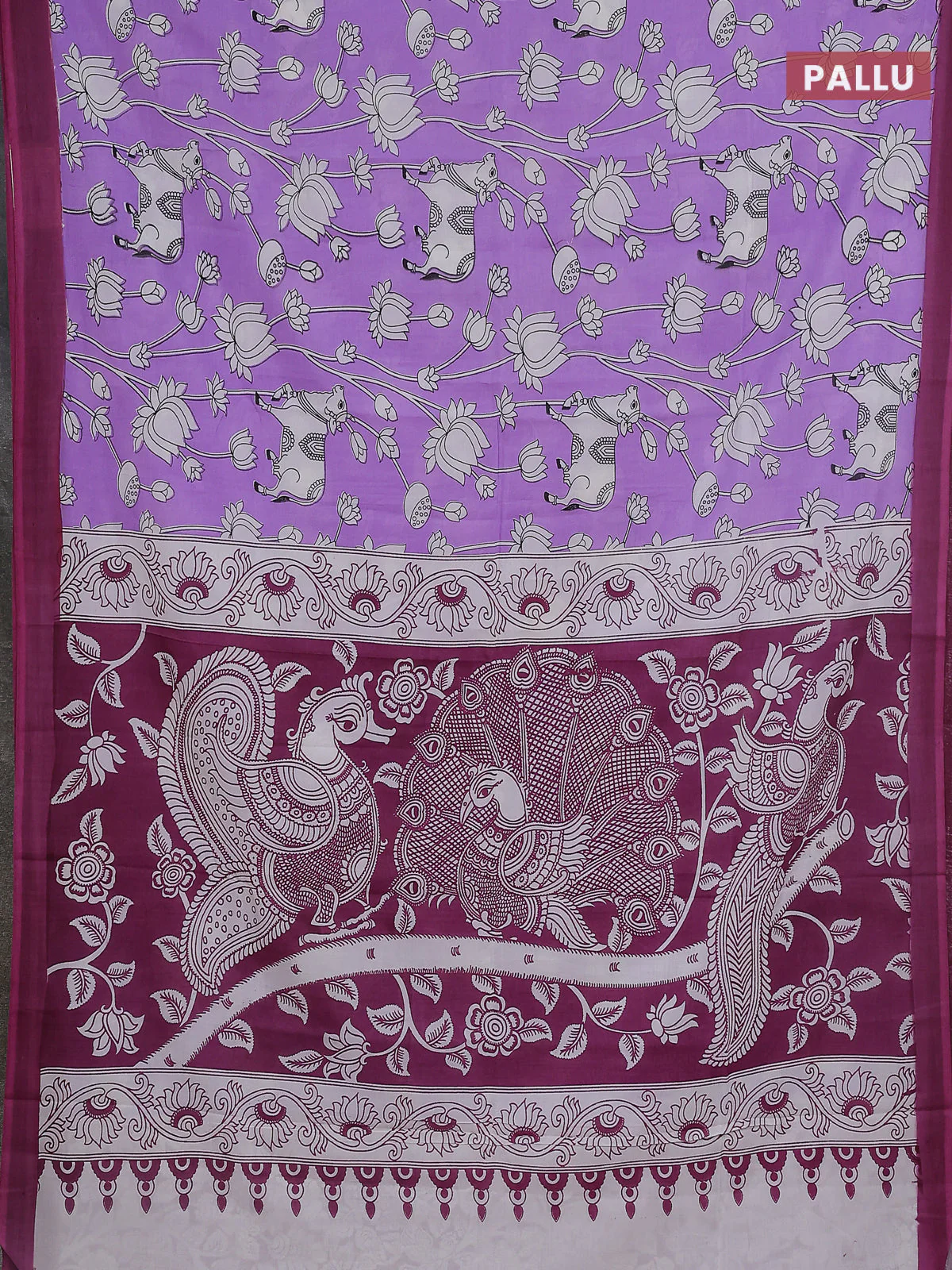 Kalamkari semi silk saree lavender and mauve pink with allover pichwai prints and simple border - Image 3