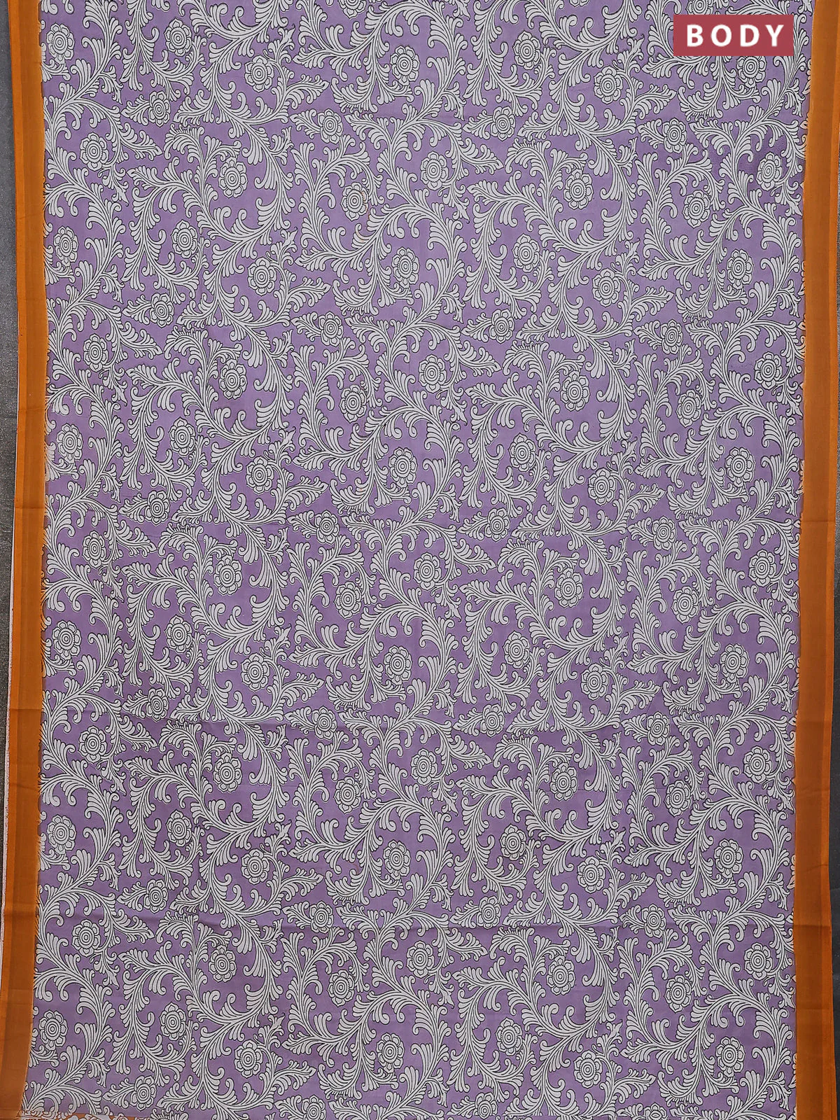 Kalamkari semi silk saree lavender and orange with allover prints and simple border - Image 2