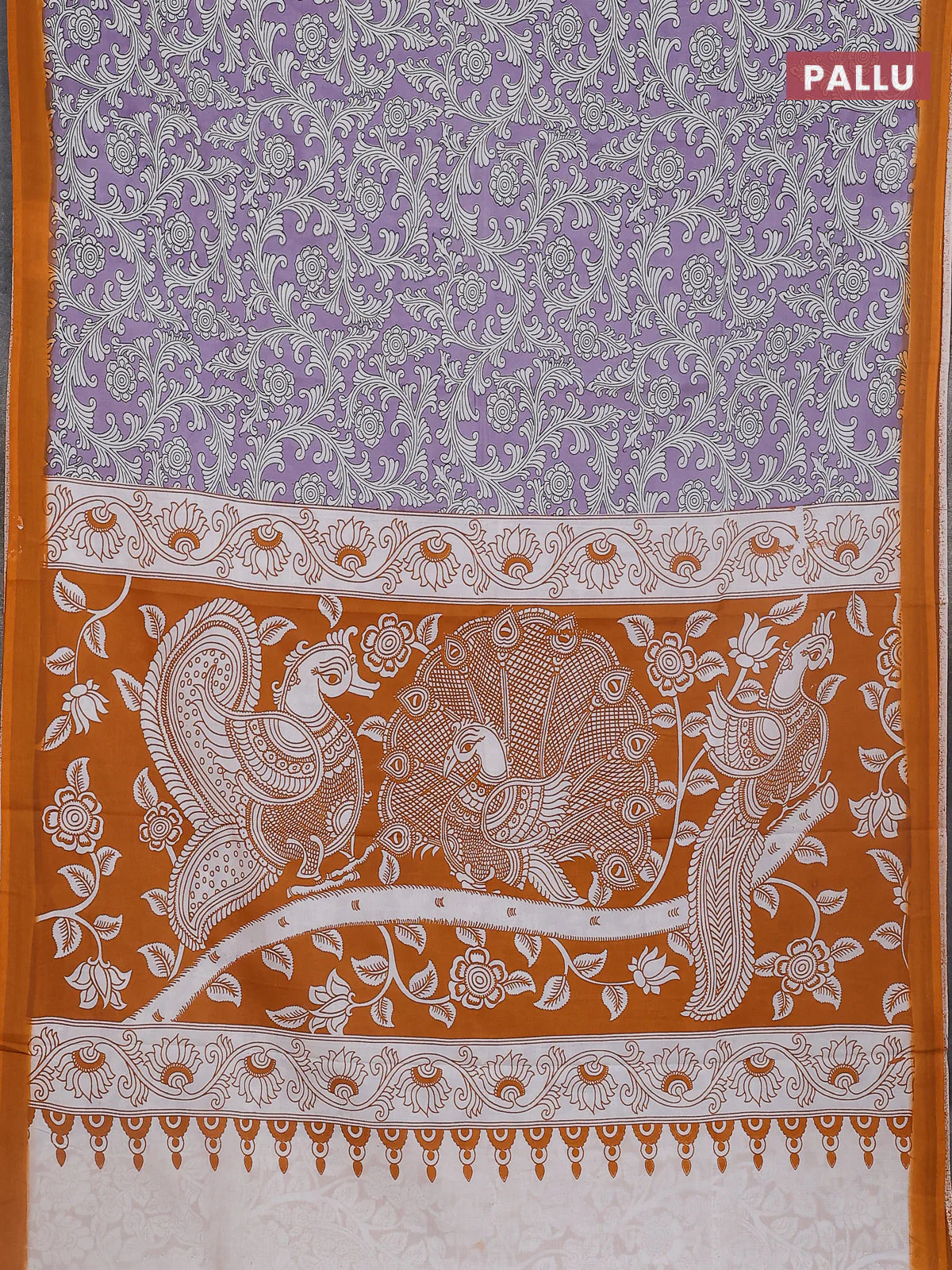 Kalamkari semi silk saree lavender and orange with allover prints and simple border - Image 3