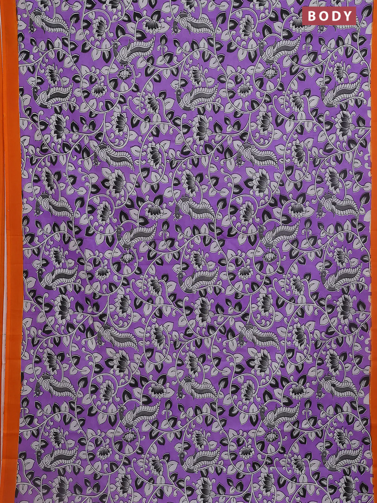 Kalamkari semi silk saree lavender and orange with allover prints and simple border - Image 2