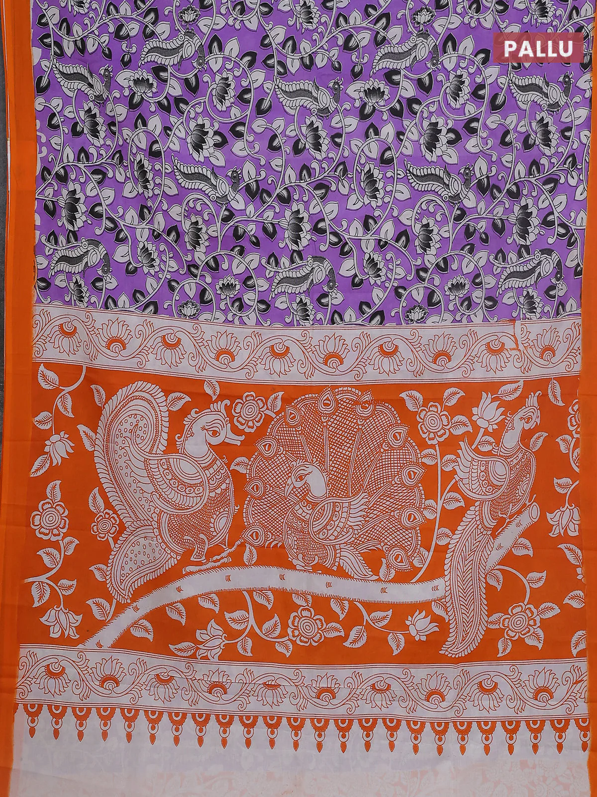 Kalamkari semi silk saree lavender and orange with allover prints and simple border - Image 3