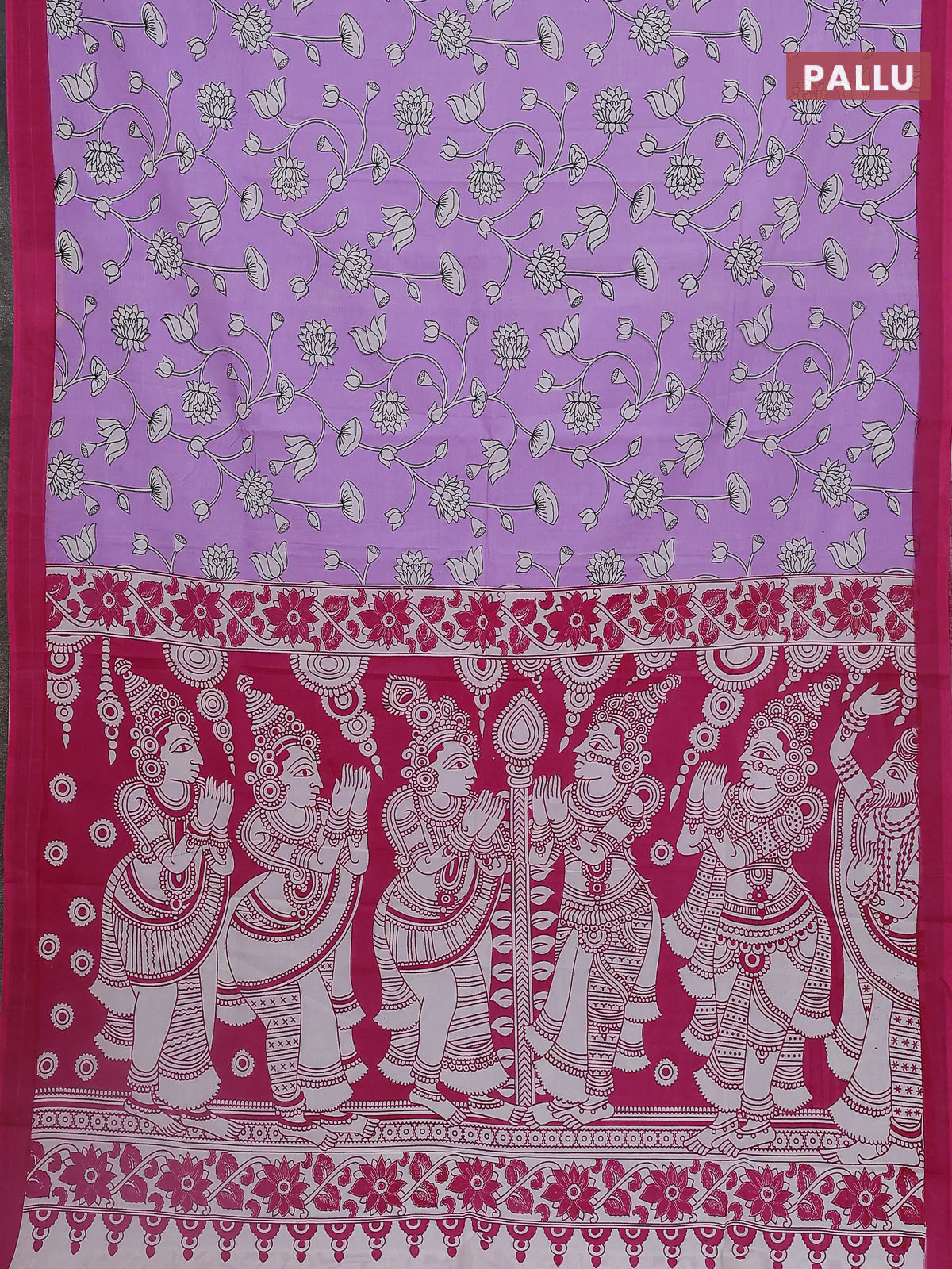 Kalamkari semi silk saree lavender and pink with allover prints and simple border - Image 3