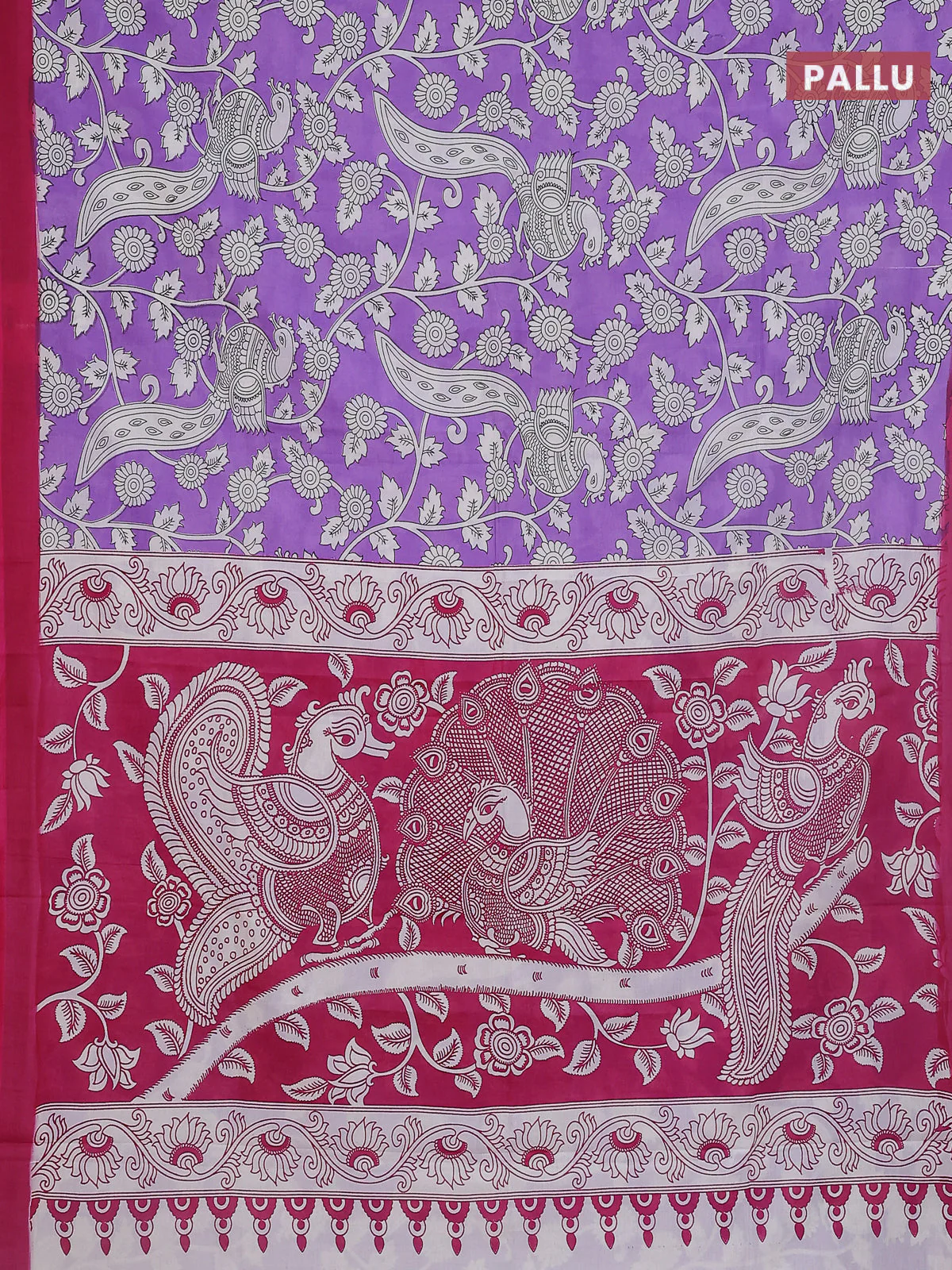 Kalamkari semi silk saree lavender and pink with allover prints and simple border - Image 3