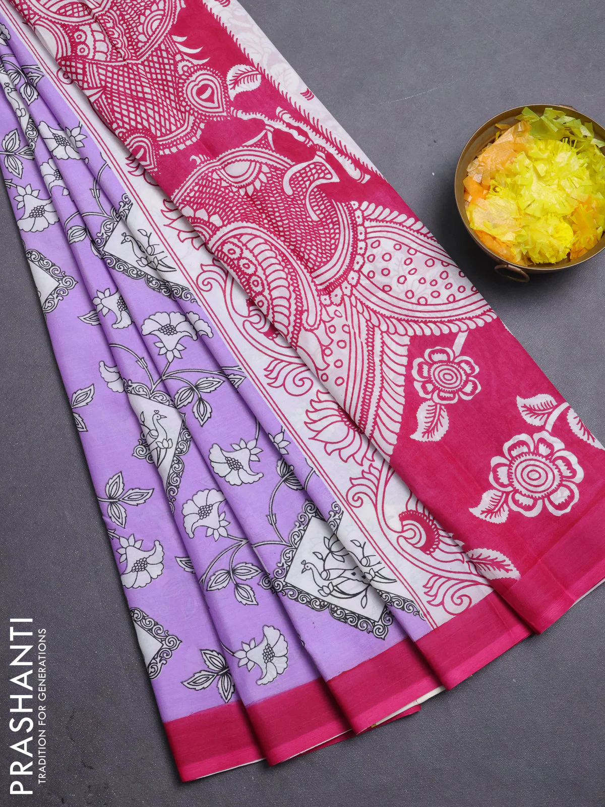 Kalamkari semi silk saree lavender and pink with allover prints and simple border