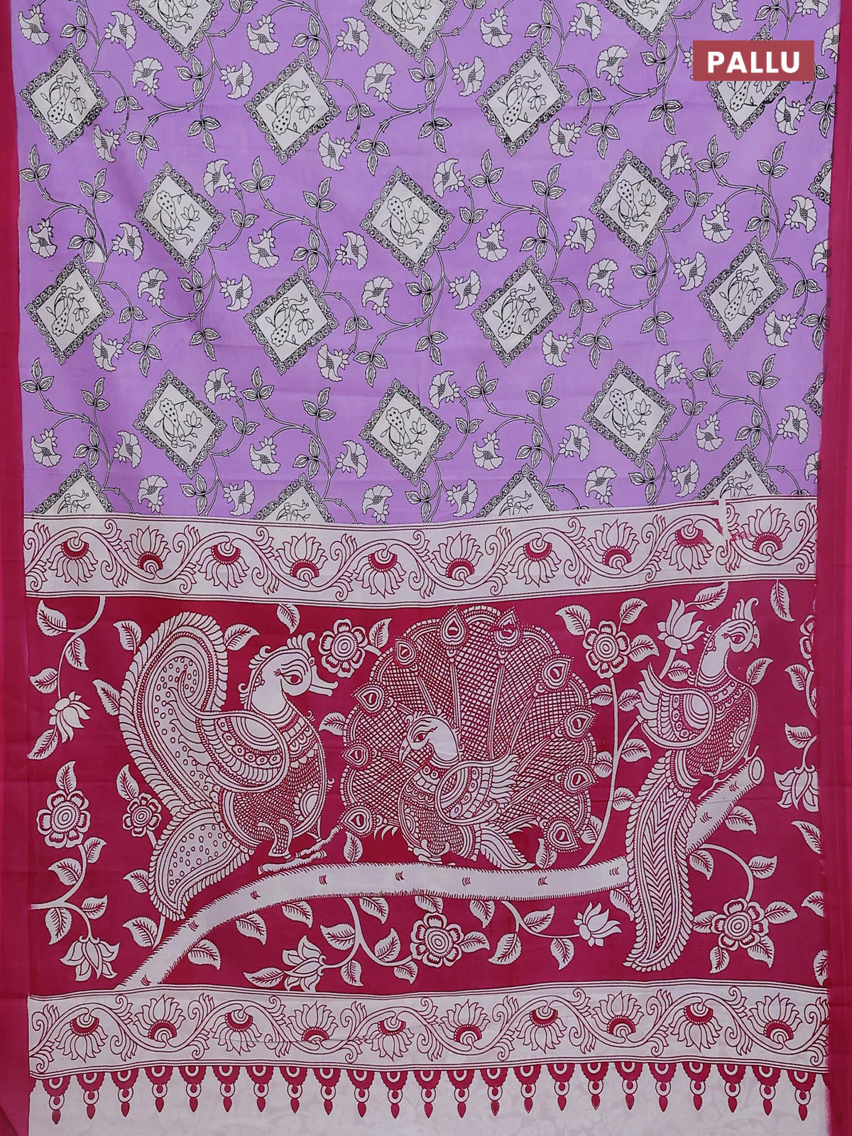 Kalamkari semi silk saree lavender and pink with allover prints and simple border - Image 3
