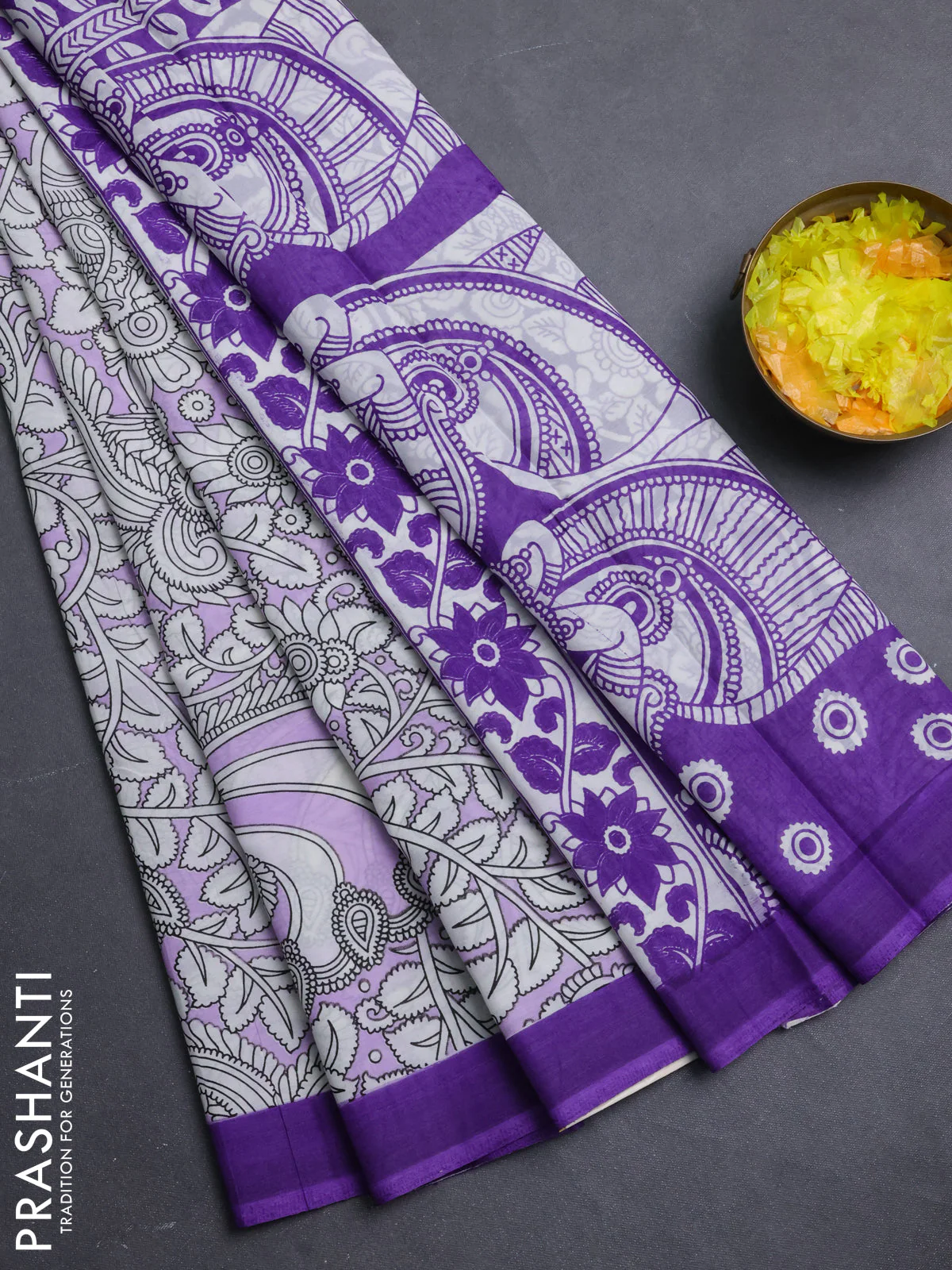 Kalamkari semi silk saree lavender and violet with allover prints and simple border