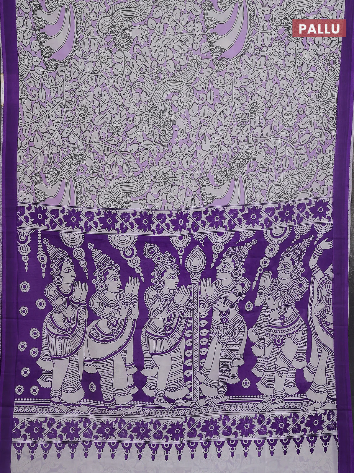 Kalamkari semi silk saree lavender and violet with allover prints and simple border - Image 3
