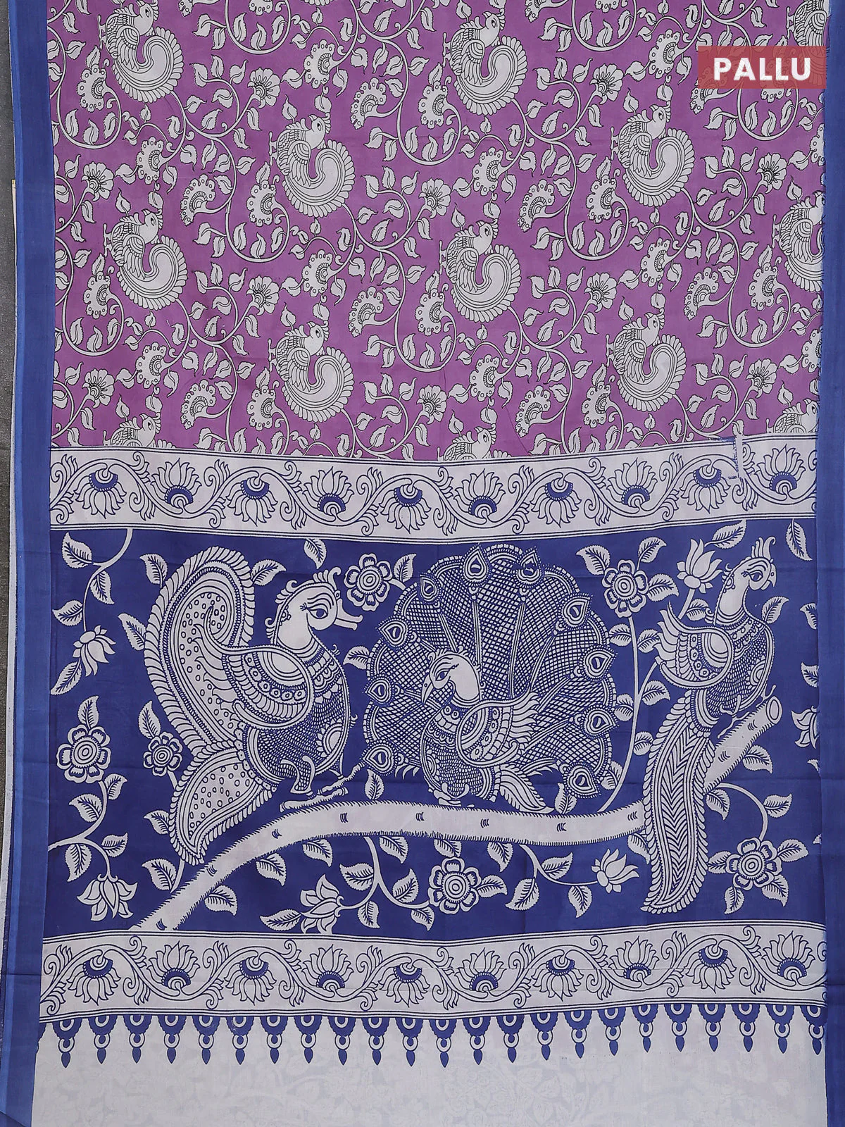 Kalamkari semi silk saree lavender shade and blue with allover prints and simple border - Image 3