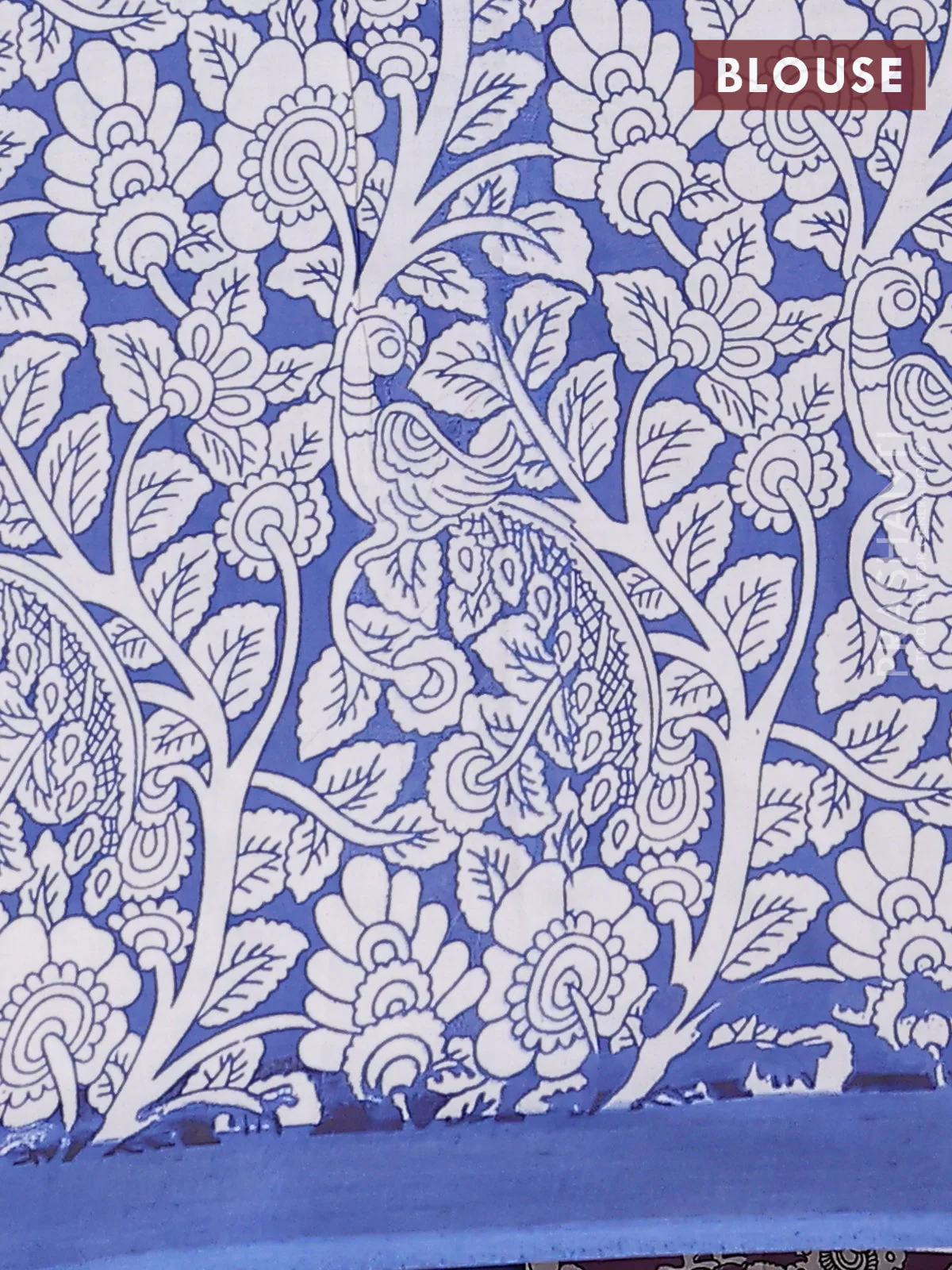 Kalamkari semi silk saree lavender shade and blue with allover prints and simple border - Image 4