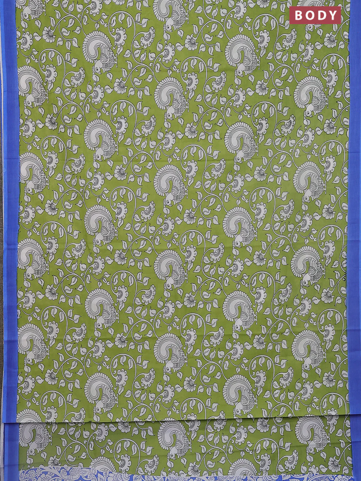 Kalamkari semi silk saree light green and blue with allover prints and simple border - Image 2