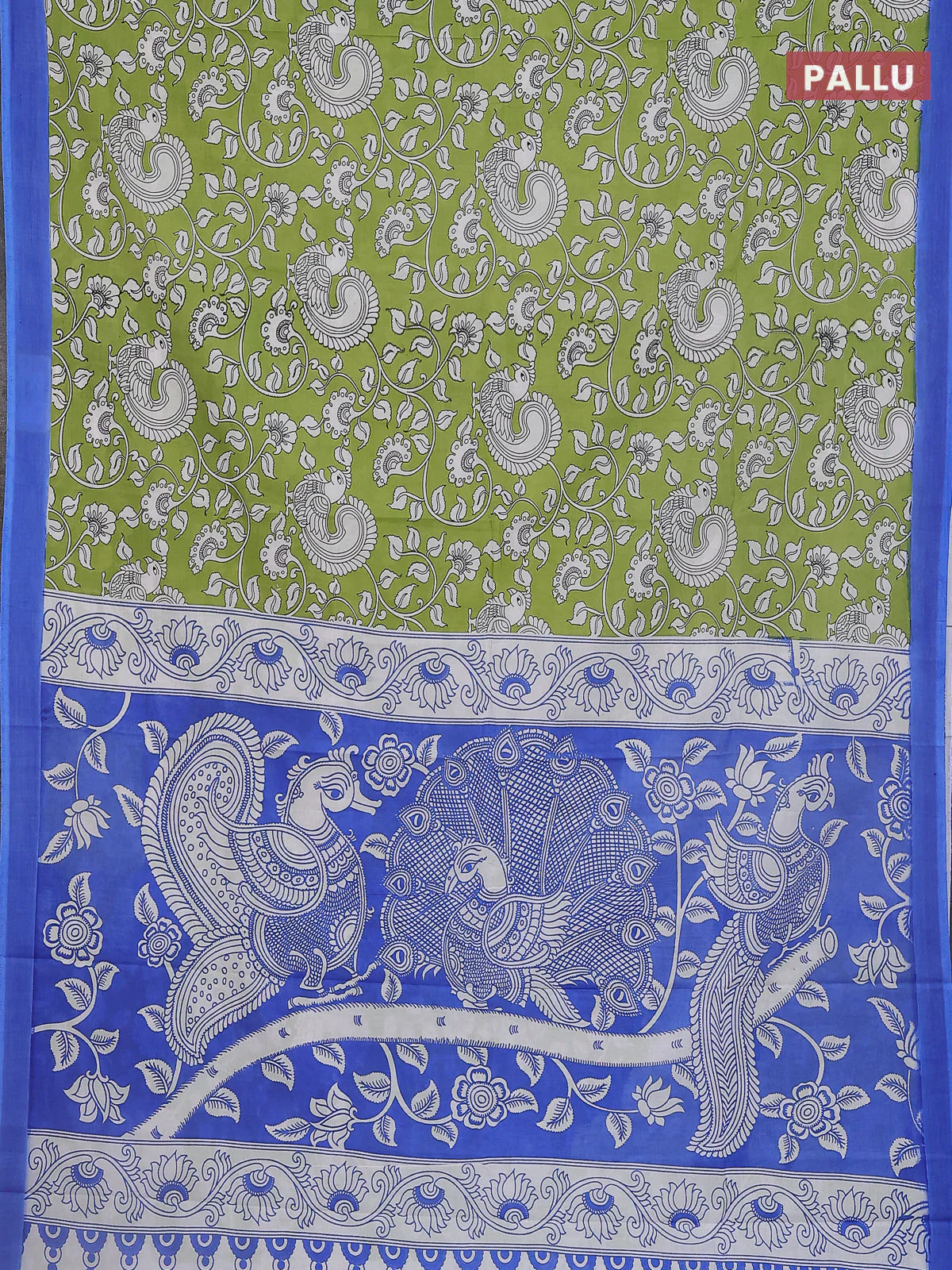 Kalamkari semi silk saree light green and blue with allover prints and simple border - Image 3
