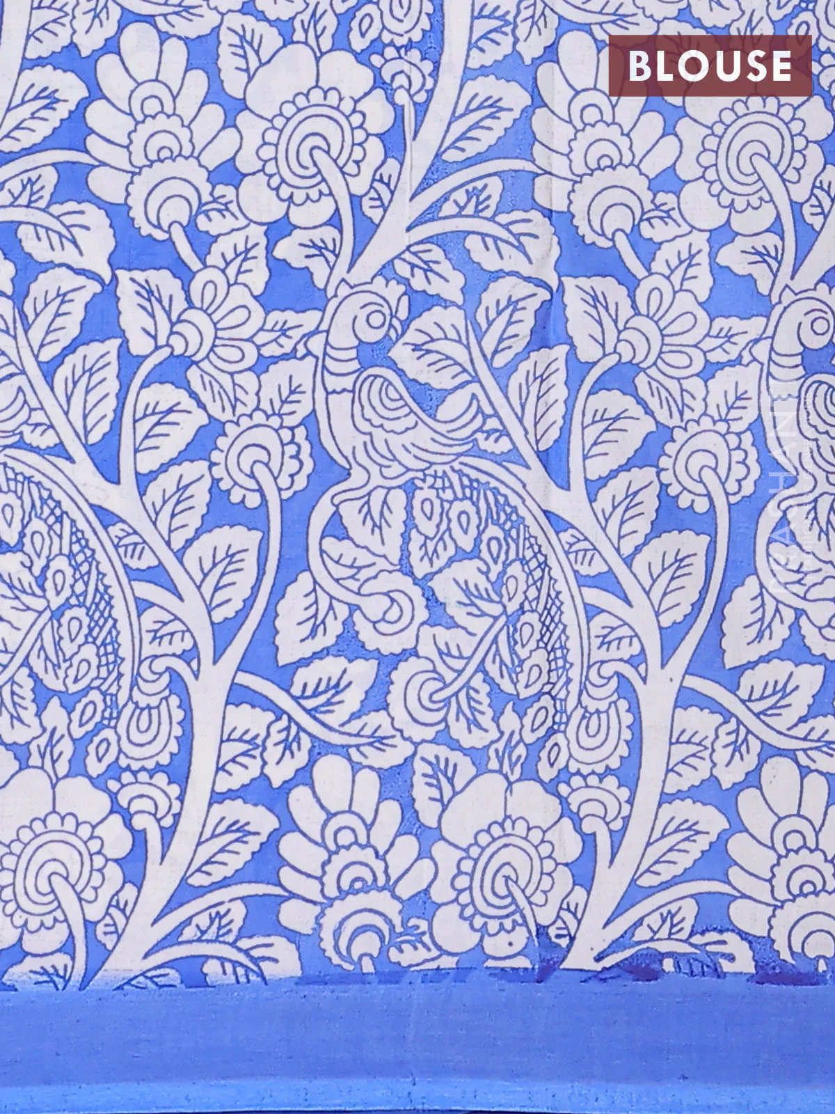 Kalamkari semi silk saree light green and blue with allover prints and simple border - Image 4
