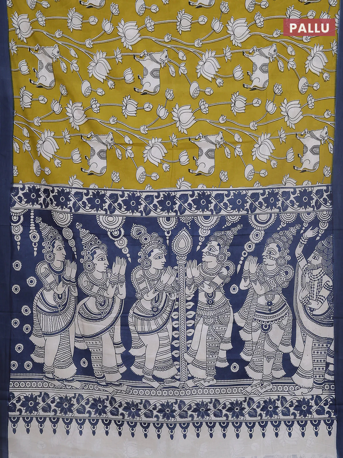 Kalamkari semi silk saree light green and grey with allover pichwai prints and simple border - Image 3