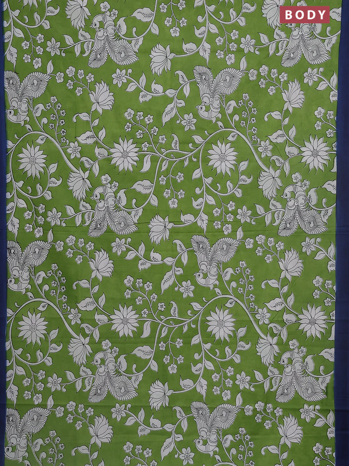 Kalamkari semi silk saree light green and peacock blue with allover prints and simple border - Image 2